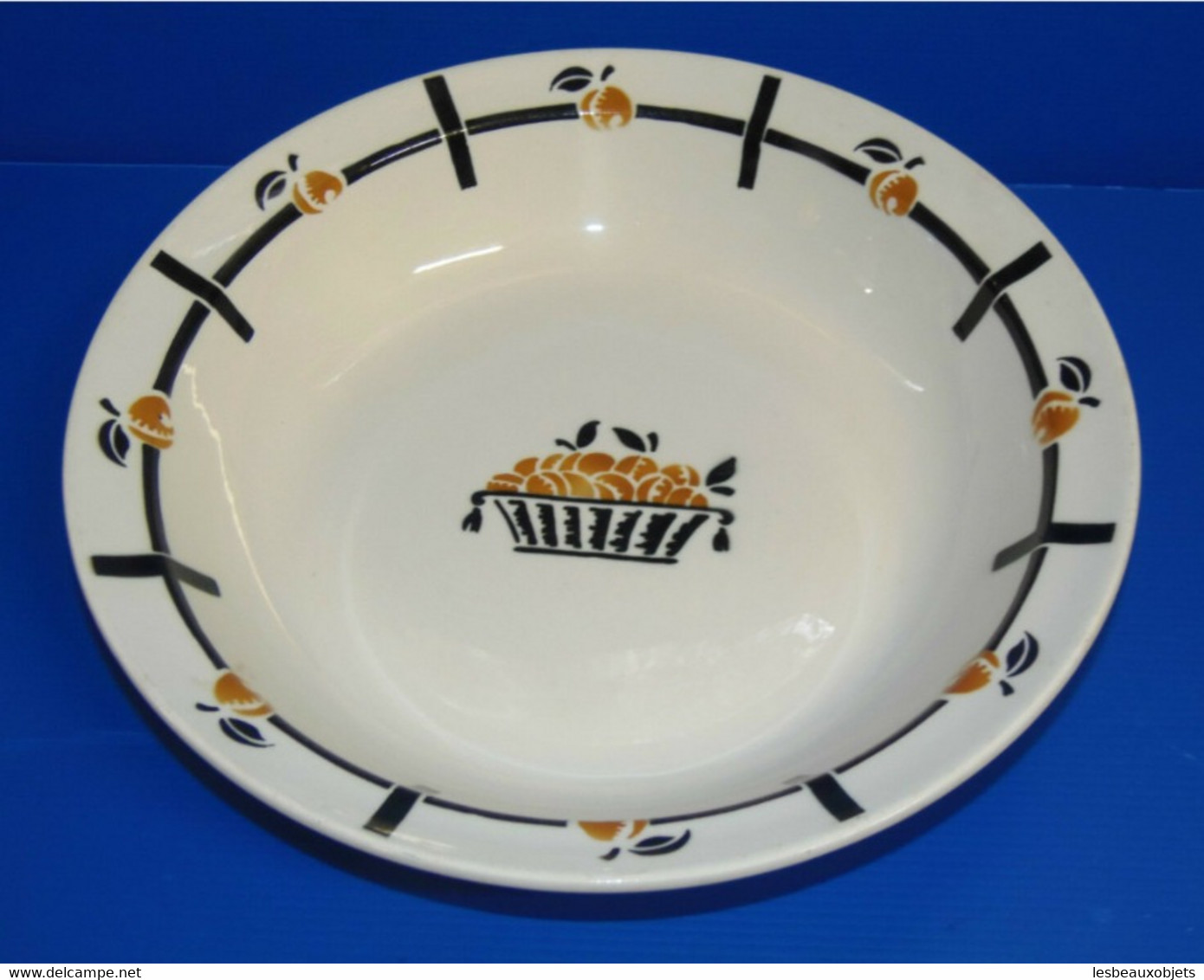 TRES JOLI PLAT CREUX céramique BADONVILLER MOTIFS JAUNES & NOIRS TABLE 1940/50 collection déco table cuisine vitrine