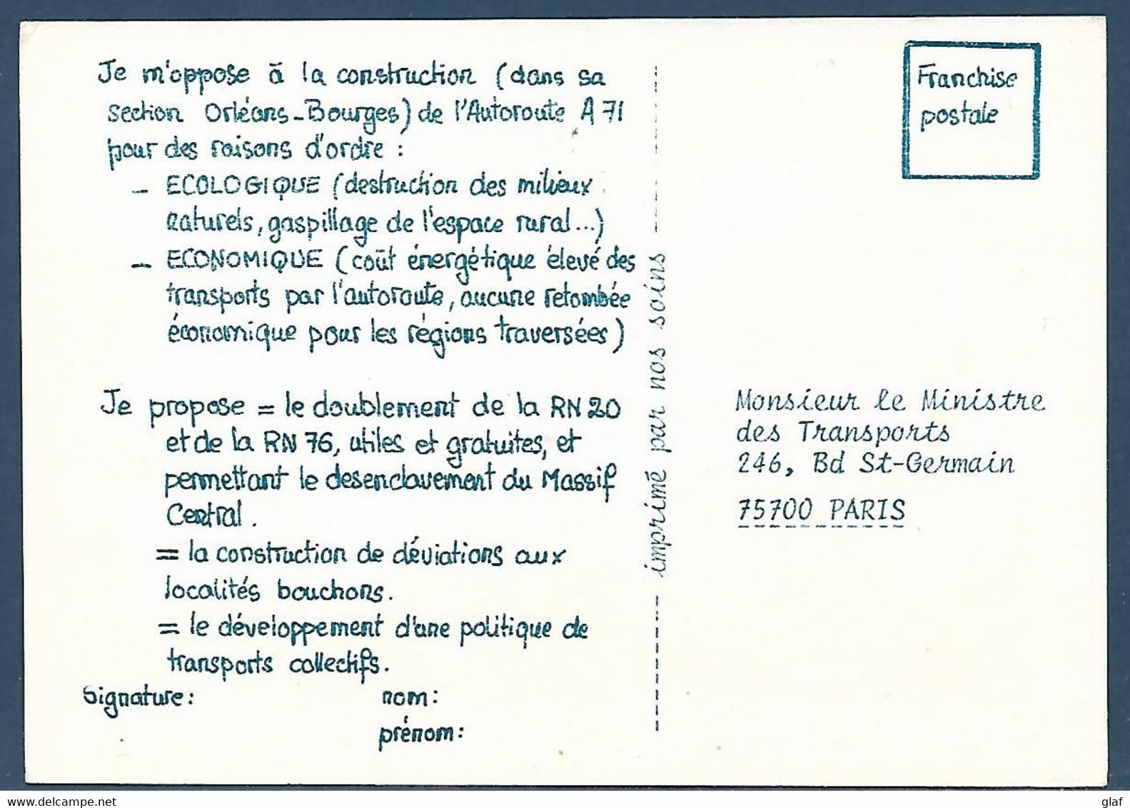 Carte Postale Pétition Contre La Construction De L’autoroute A71 Et Pour Le Dédoublement Des RN20 Et RN76 - Other & Unclassified