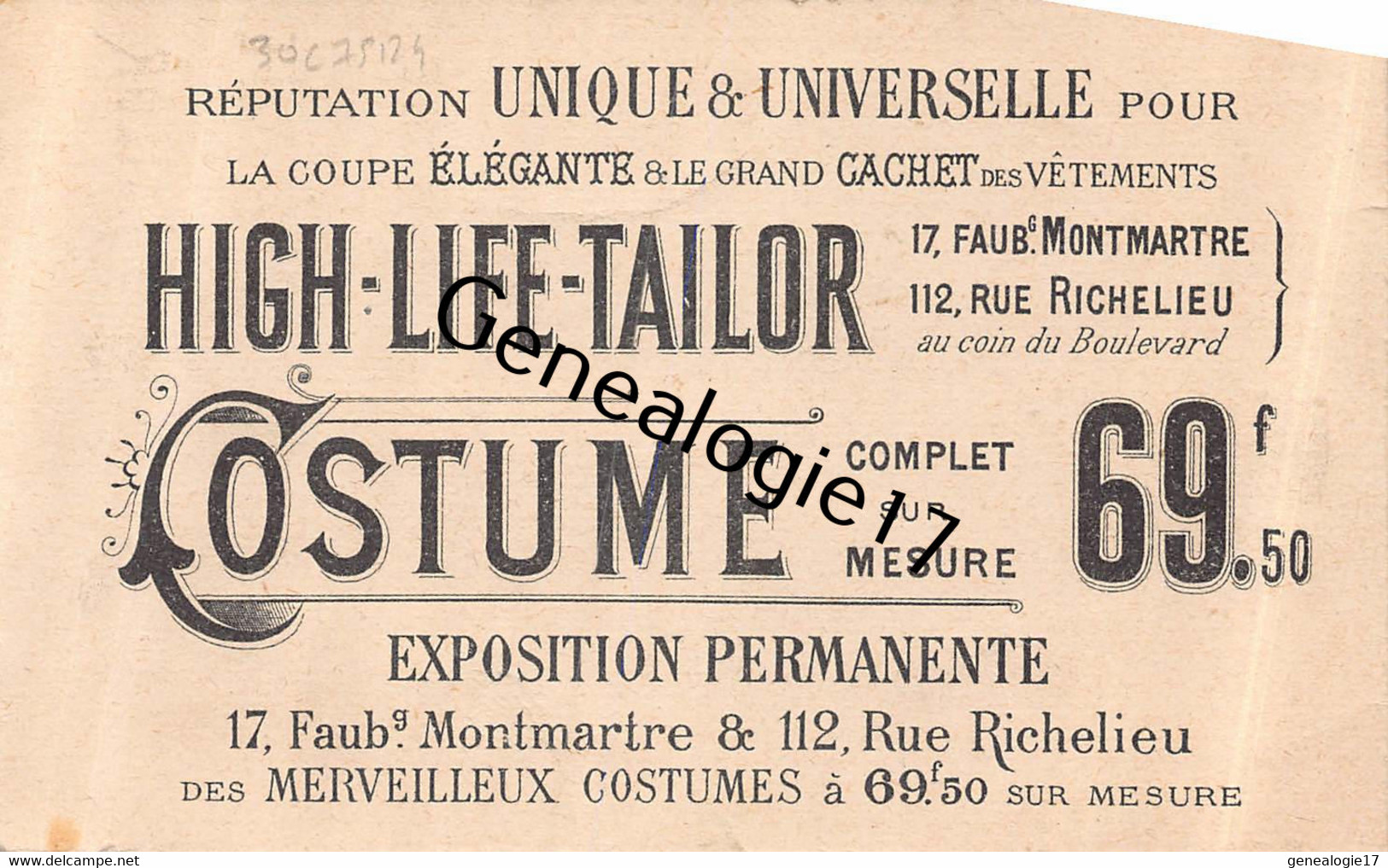 75 24430 PARIS SEINE 1894 Mode HIGH LIFE TAILOR Faubourg Montmarte ( Costumes ) - Avant 1900
