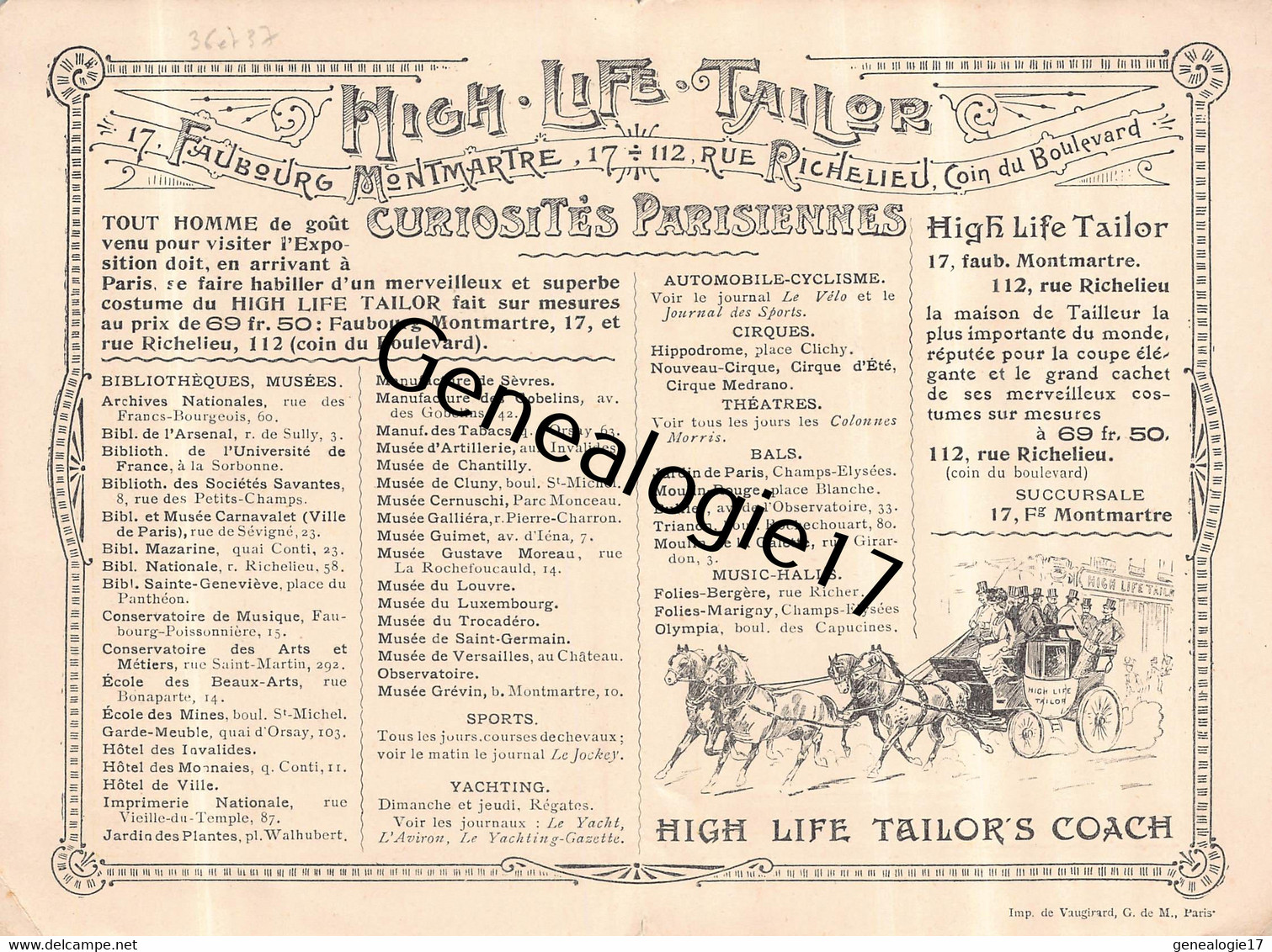 75 24431 PARIS SEINE 1894 Mode HIGH LIFE TAILOR Faubourg Montmarte - Au Dos CURIOSITES PARISIENNES - Programs