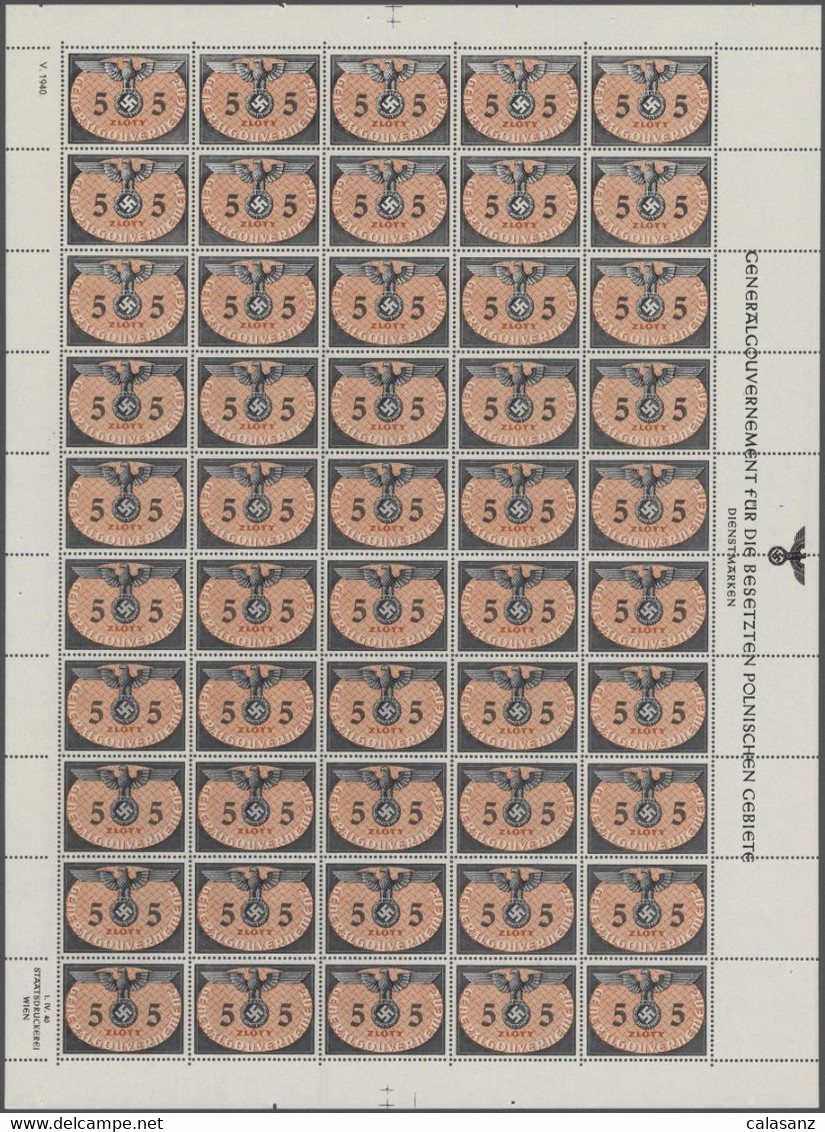 Generalgouvernement Complete Sheet 5 Zloty Michel Dienst 15** Postfrisch MNH Luxe - Occupazione 1938 – 45