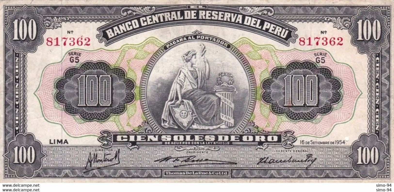 Peru P.73 100 Soles 1954 Vf - Perù