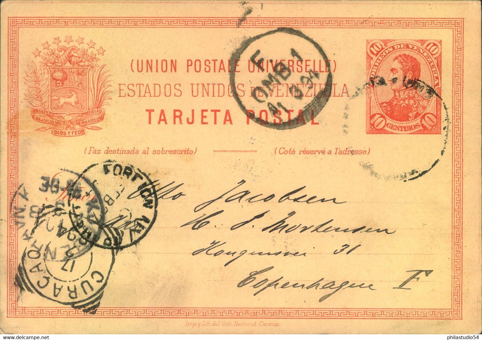 1904, 10 C. Stationery Card From MARACAIBO Via Curacao To Kopenhagen - Venezuela