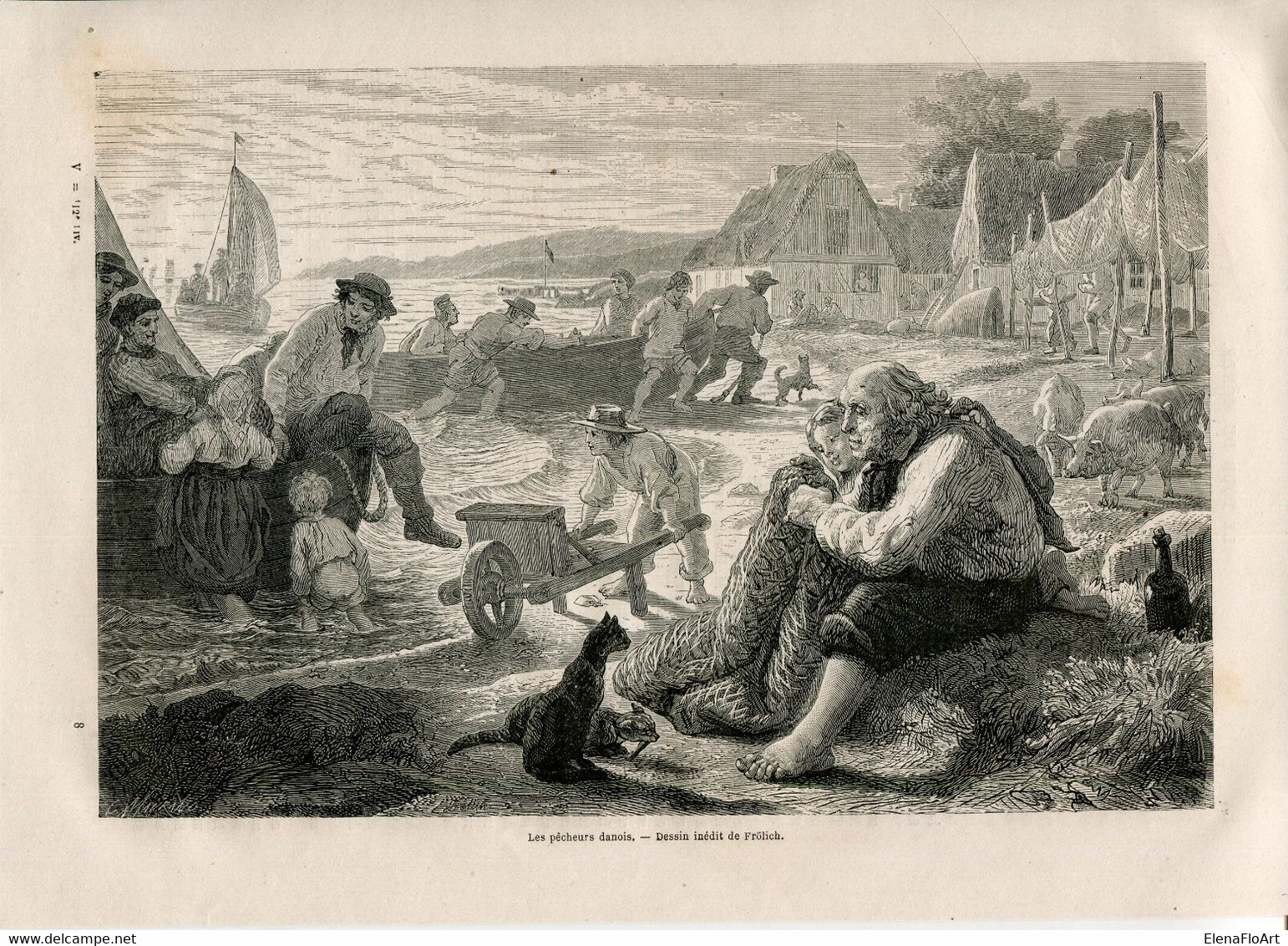 1862 Print Denmark Fisherman Fishing Net Boat Cat - Prints & Engravings