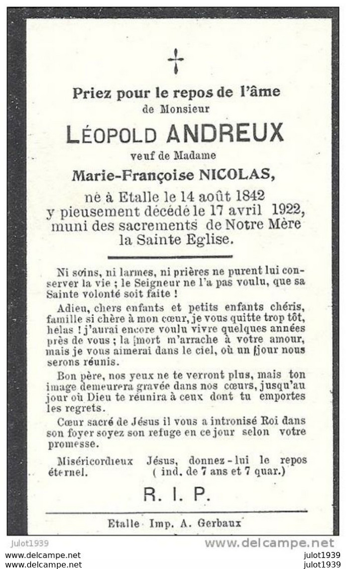 ETALLE ..-- Mr Léopold ANDREUX , Veuf De Mme Marie - Françoise NICOLAS . Né En 1842 , Décédé En 1922 . - Etalle