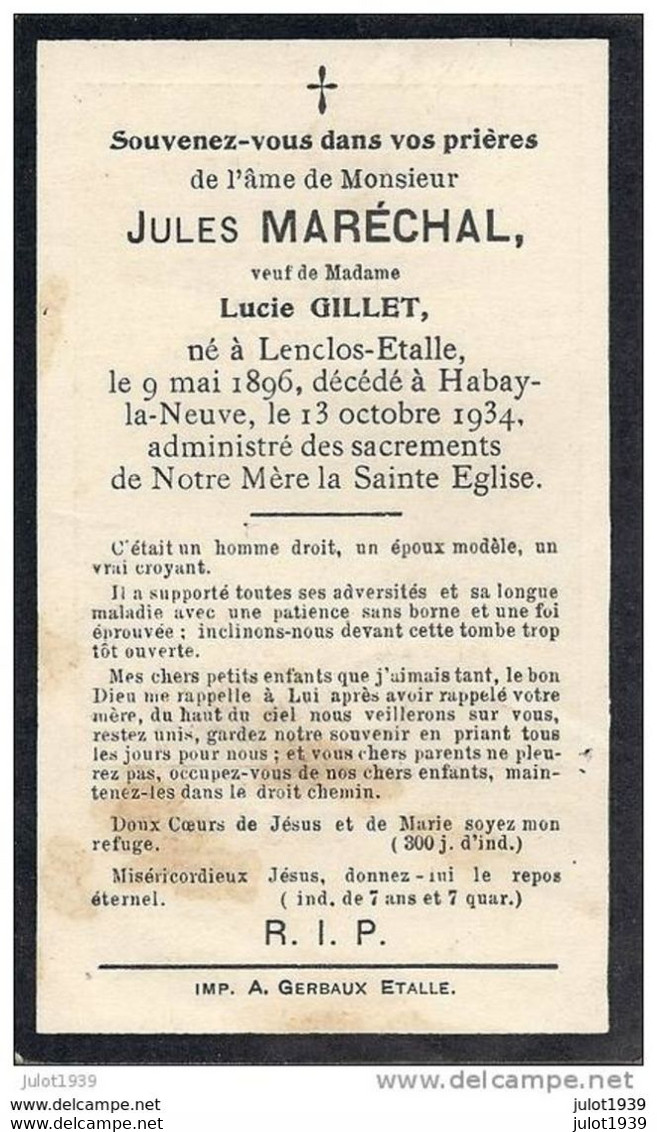 LENCLOS ..-- ETALLE ..-- Mr Jules MARECHAL , Veuf De Mme Lucie GILLET Né En 1896 , Décédé En 1934 à HABAY . - Etalle