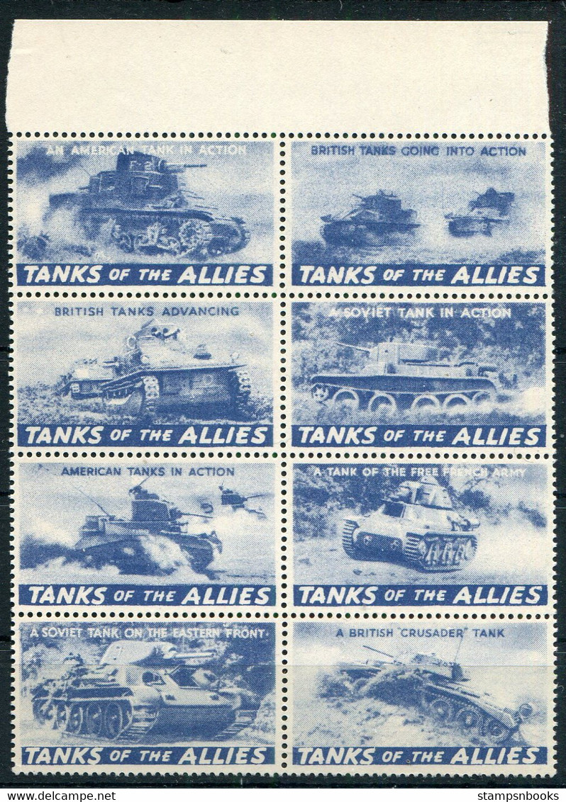 WW2 British American & Soviet "Tanks Of The Allies" Block Of 8 Mint Charity Patriotic Labels (Blue) - Werbemarken, Vignetten