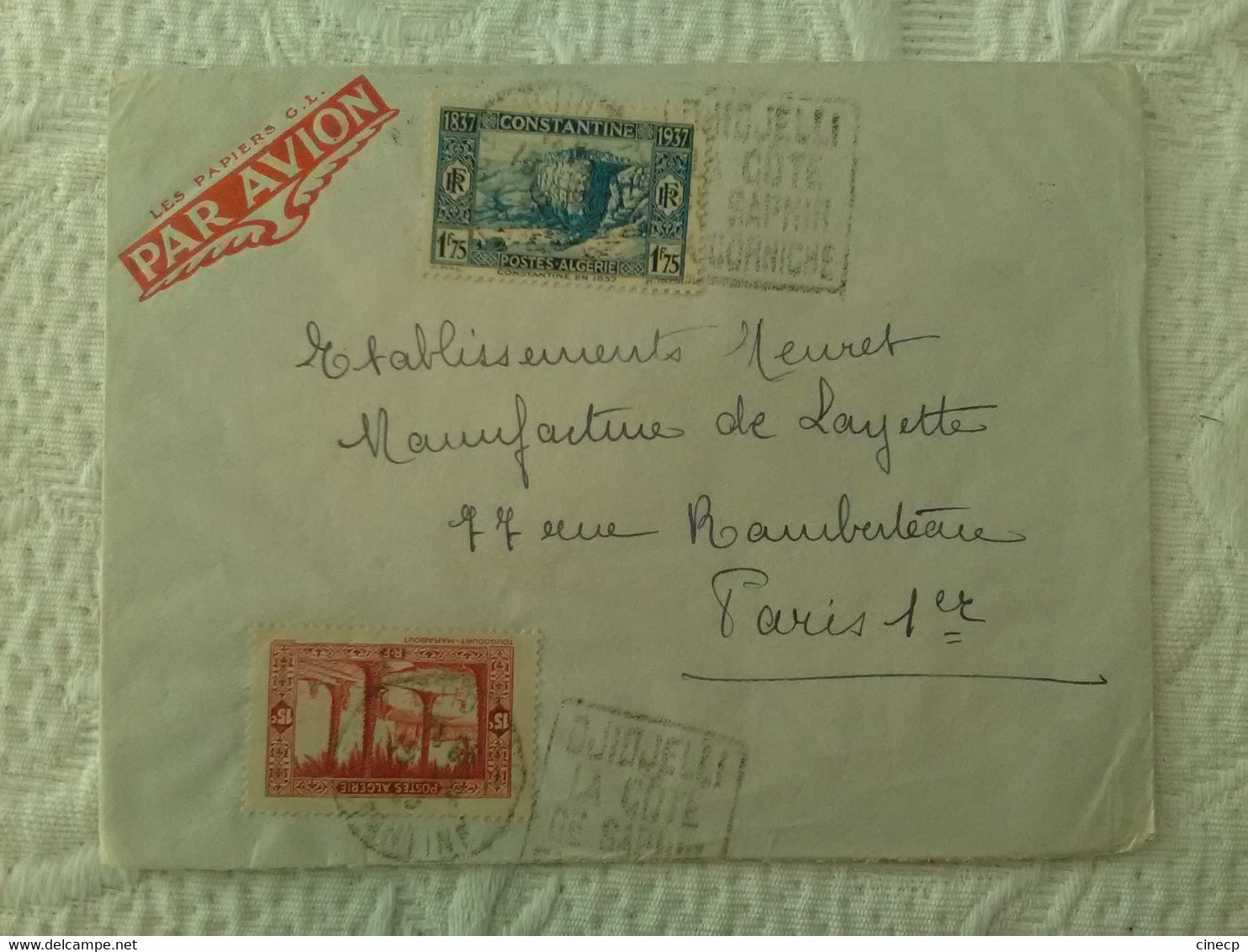 ENVELOPPE ALGERIE DJIDJELLI CONSTANTINE Tàd 1939 Timbres Constantine En 1837 1F75 Touggourt Marabout 15c Marcophilie - Covers & Documents