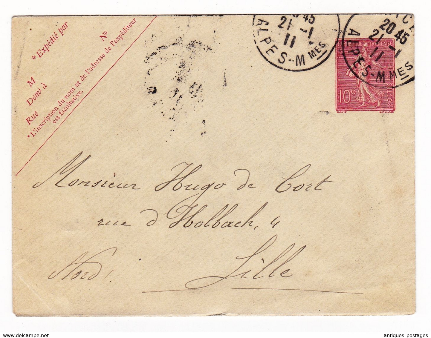 Enveloppe 1911 Entier Postal Semeuse 10 Centimes Nice Alpes Maritimes Pour Lille Nord Hugo De Cort Numismatie - Standard Covers & Stamped On Demand (before 1995)