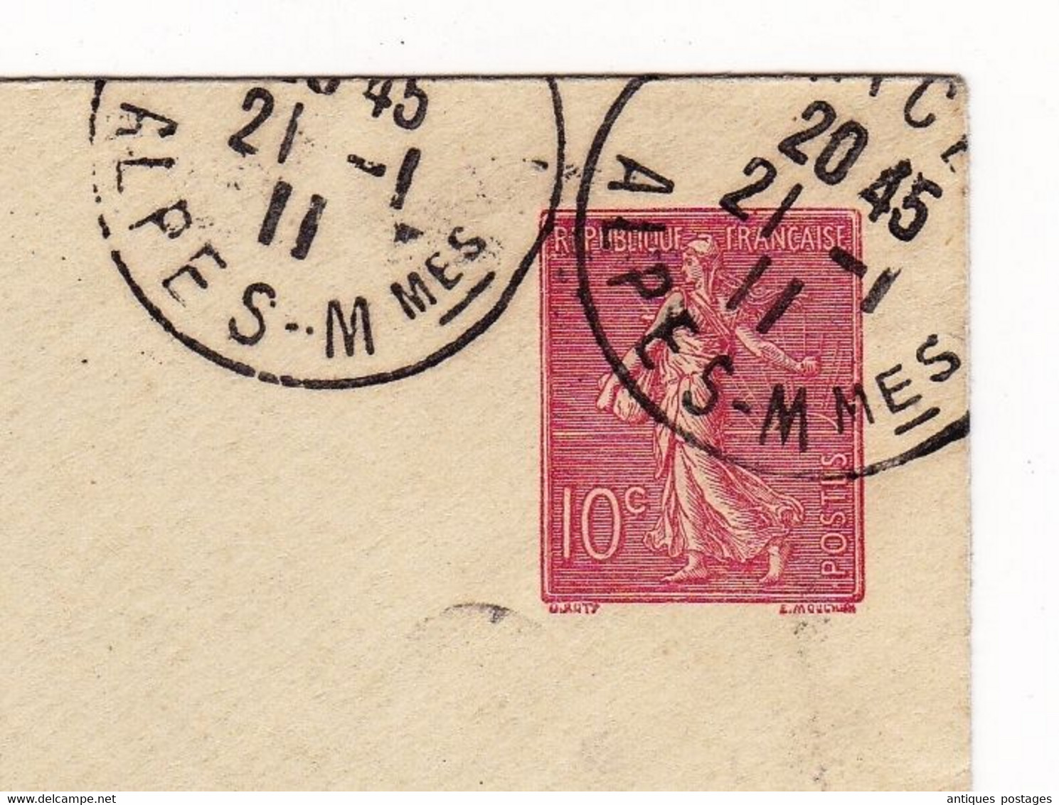Enveloppe 1911 Entier Postal Semeuse 10 Centimes Nice Alpes Maritimes Pour Lille Nord Hugo De Cort Numismatie - Standaardomslagen En TSC (Voor 1995)