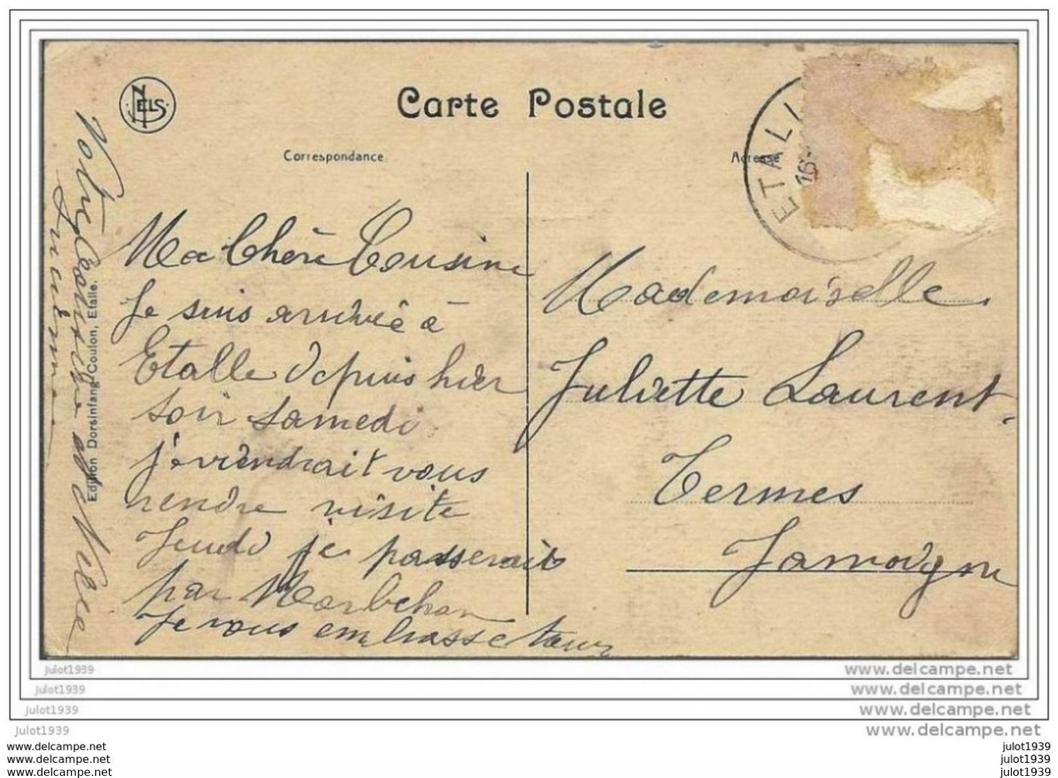 Julot1939 ..-- ETALLE ..-- Place De La Poste . Attelage . Vers TERMES ( Melle Juliette LAURENT ) . Voir Verso . - Etalle