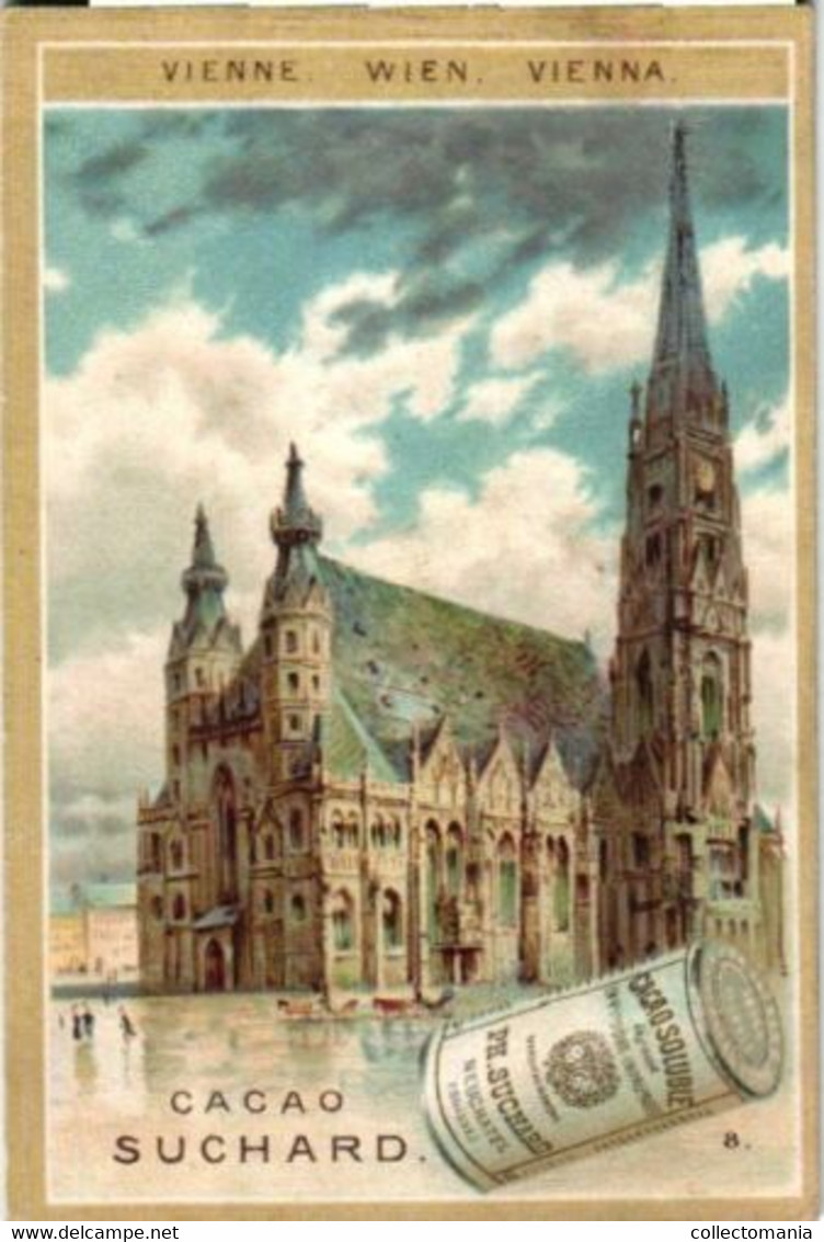 6 Chromo Litho Cards Chocolate SUCHARD Set 62B Litho Cards Chocolate SUCHARD C1898 Chocolate Suisse, Famous  Buildings - Suchard