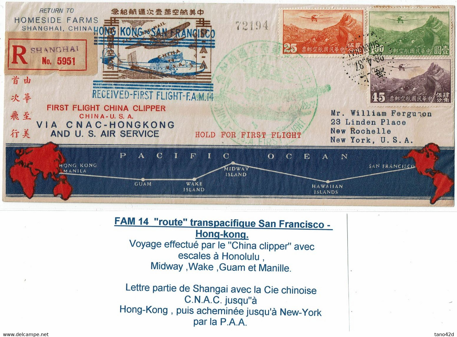 CTN70 - CHINE LETTRE AVION  1ER VOL CLIPPER  SHANGAI / NEW YORK AVRIL 1937 - 1912-1949 Republic