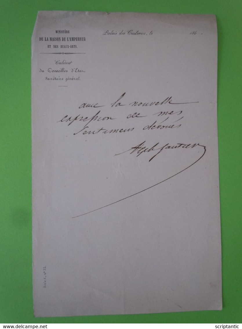 Lettre Autographe Alphonse GAUTIER (1809-1890) Maison De L'Empereur - Historical Figures