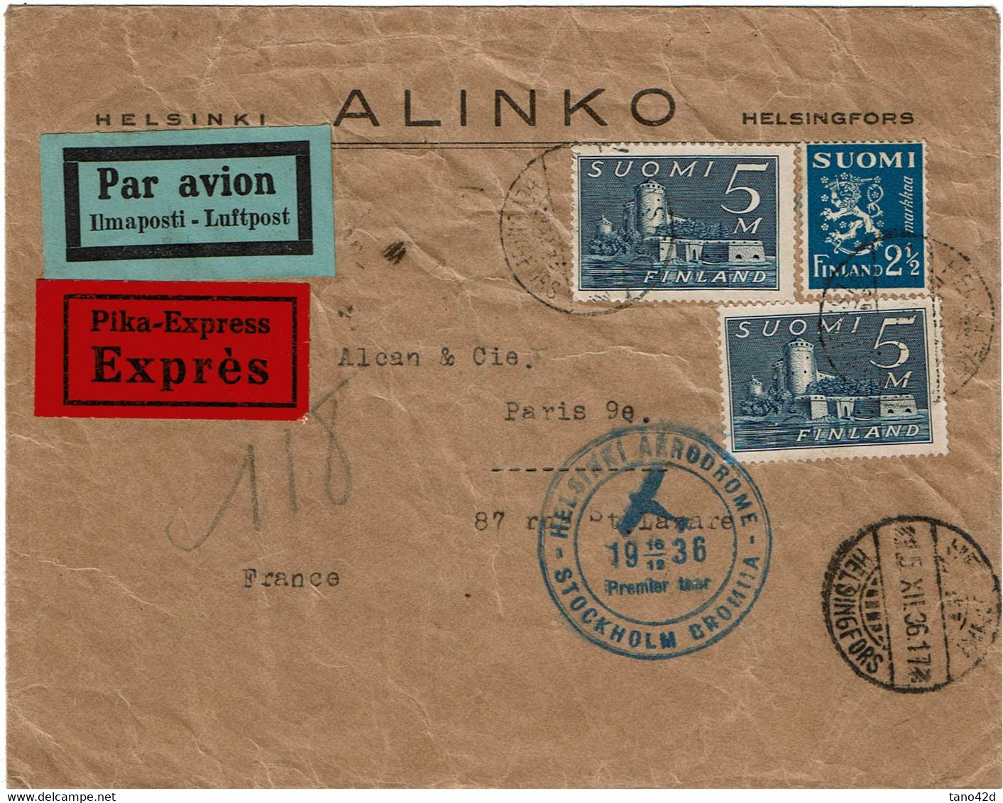 CTN70 - FINLANDE  LETTRE AVION  EXPRES POUR PARIS DECEMBRE 1936 - Brieven En Documenten