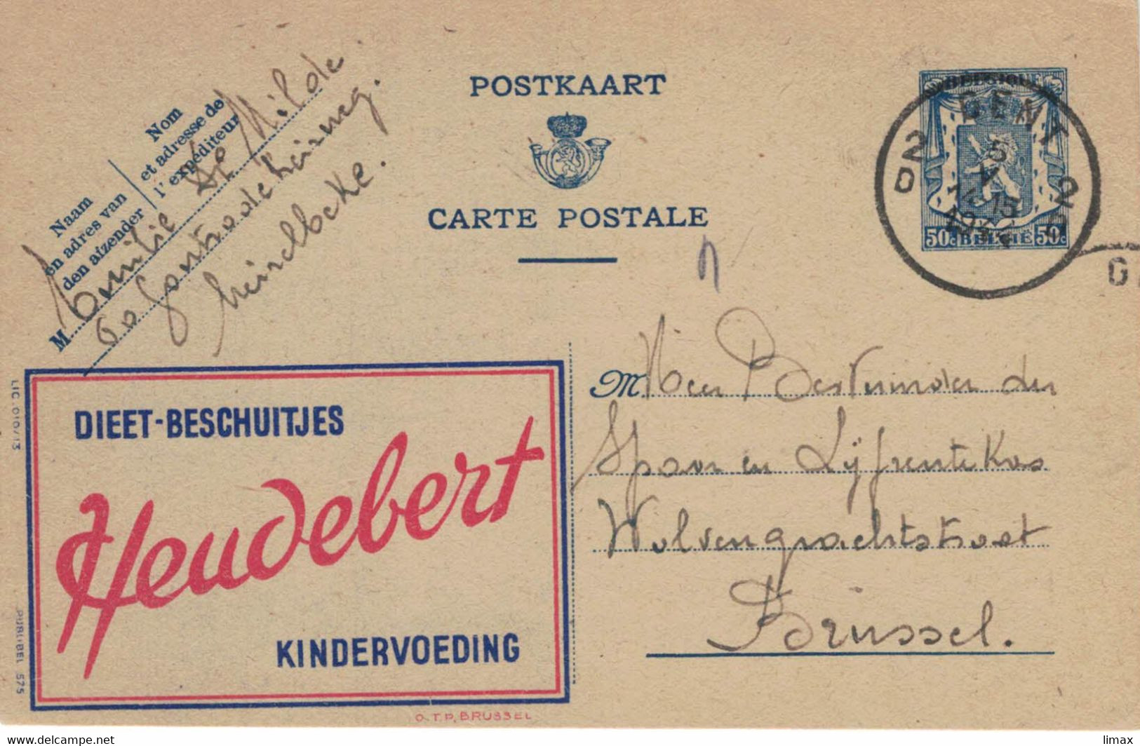 Ganzsache Publibel 575 - Heudebert Diät Biskuits Kinderernährung - Gent 1944 - Zensur ? - Publibels