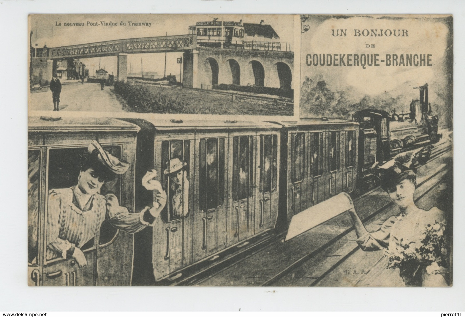 COUDEKERQUE BRANCHE - Jolie Carte Fantaisie Femmes Et Train "Un Bonjour De COUDEKERQUE BRANCHE " - Coudekerque Branche