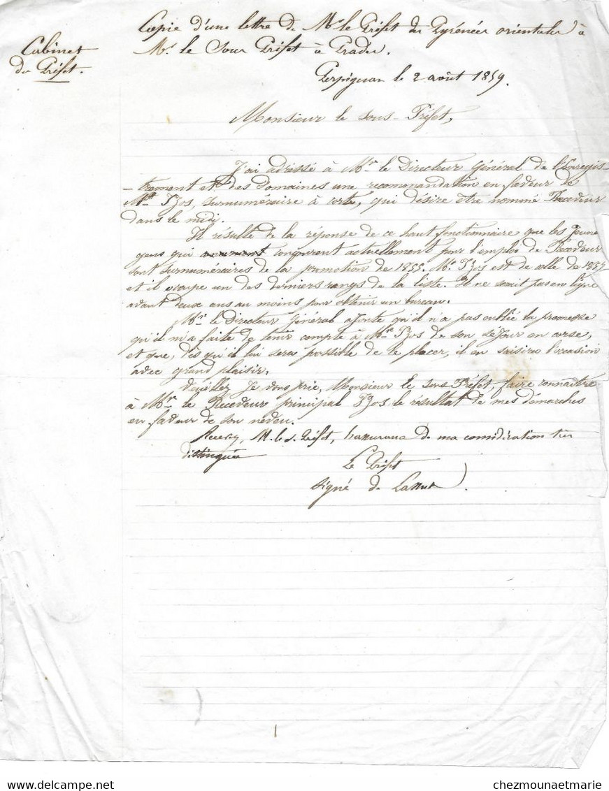 1859 PERPIGNAN - PREFET PYRENEES ORIENTALES AU SOUS PREFET DE PRADES COPIE LETTRE - Historische Dokumente