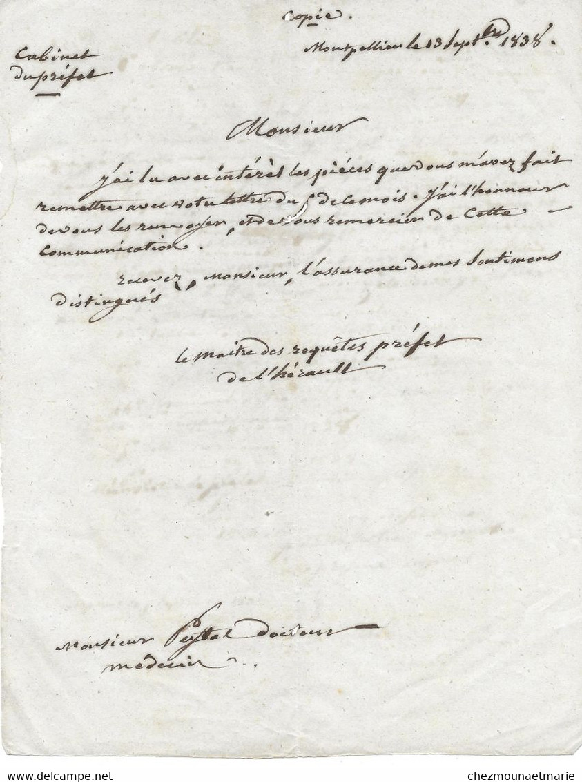 1838 MONTPELLIER - PREFET DE L HERAULT MAITRE DES REQUETES - COPIE LETTRE - Documents Historiques