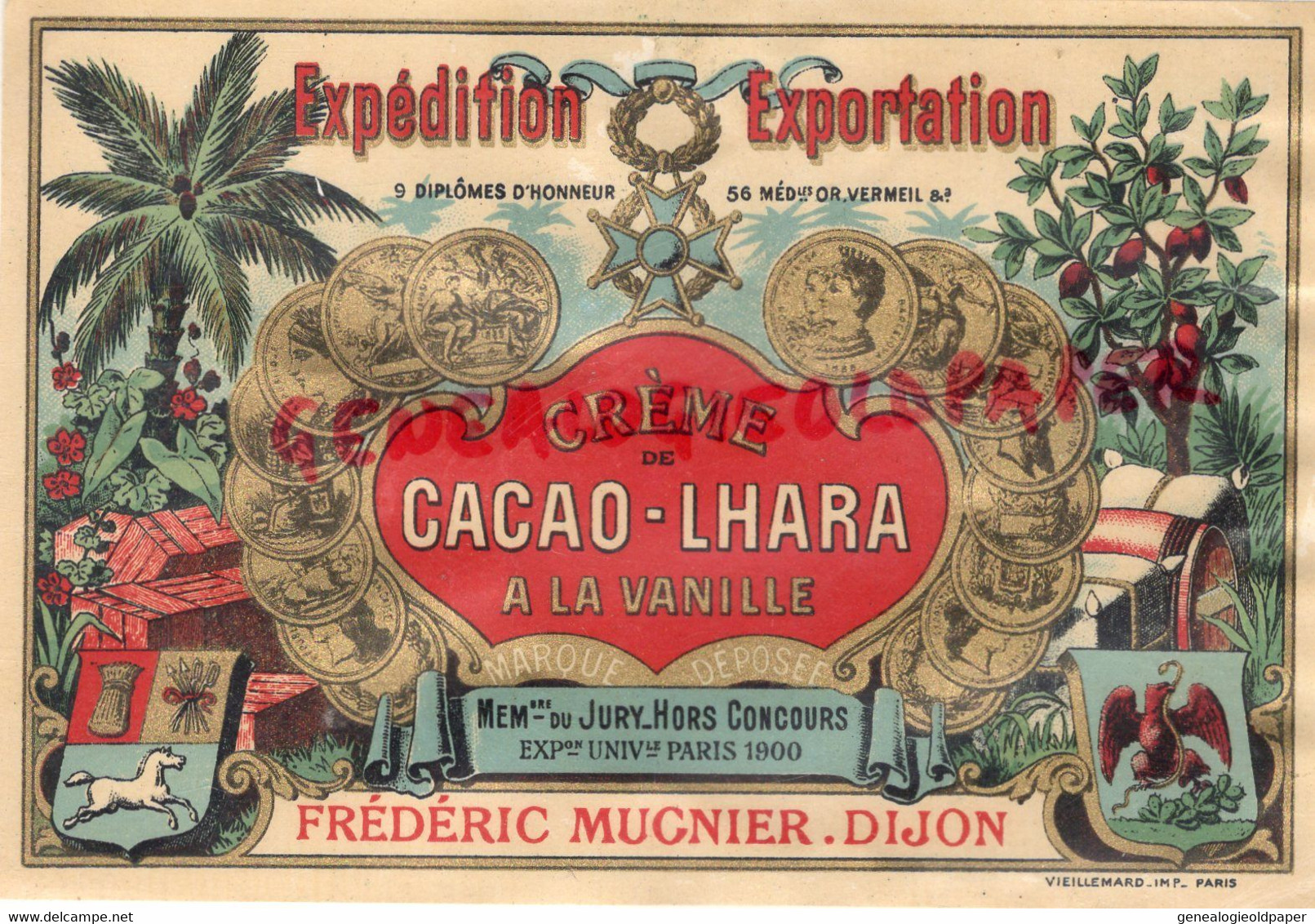 21- DIJON - RARE ETIQUETTE FREDERIC MUGNIER - CREME DE CACAO LHARA-EXPOSITION UNIVERSELLE PARIS 1900- LITHO VIEILLEMARD - Alimentaire