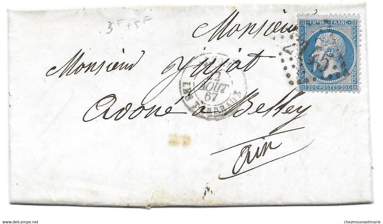 1867 LYON DE M. MANGIER POUR JUJAT AVOUE A BELLEY - NAPOLEON N° 22 SUR LETTRE - 1862 Napoléon III