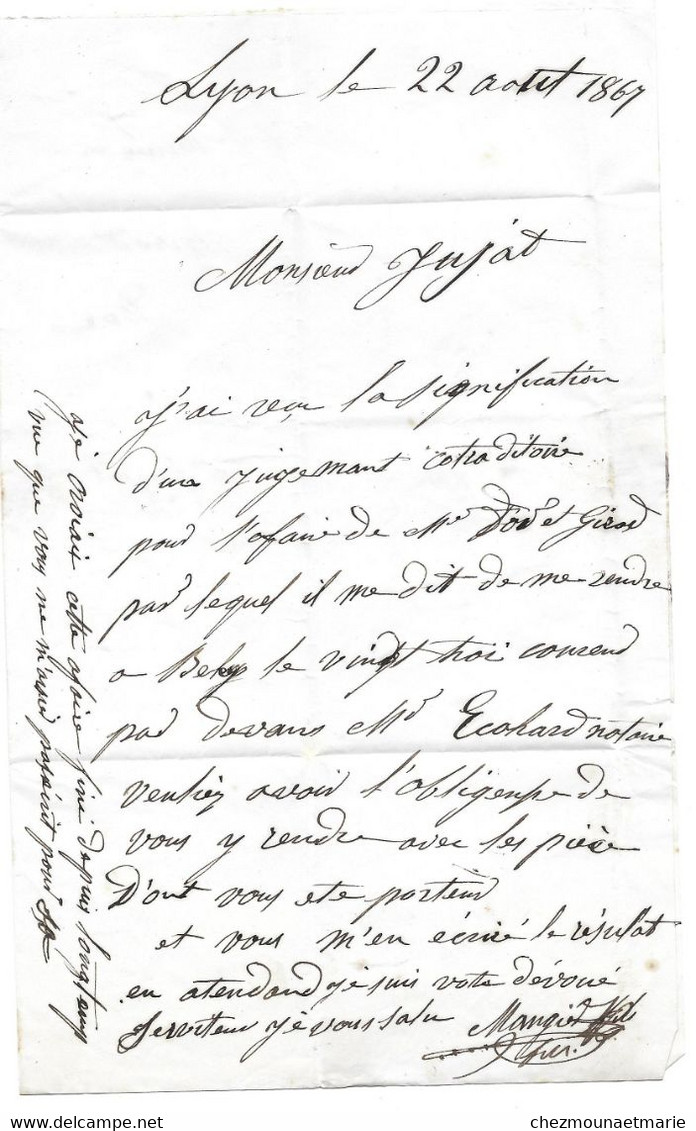 1867 LYON DE M. MANGIER POUR JUJAT AVOUE A BELLEY - NAPOLEON N° 22 SUR LETTRE - 1862 Napoleon III