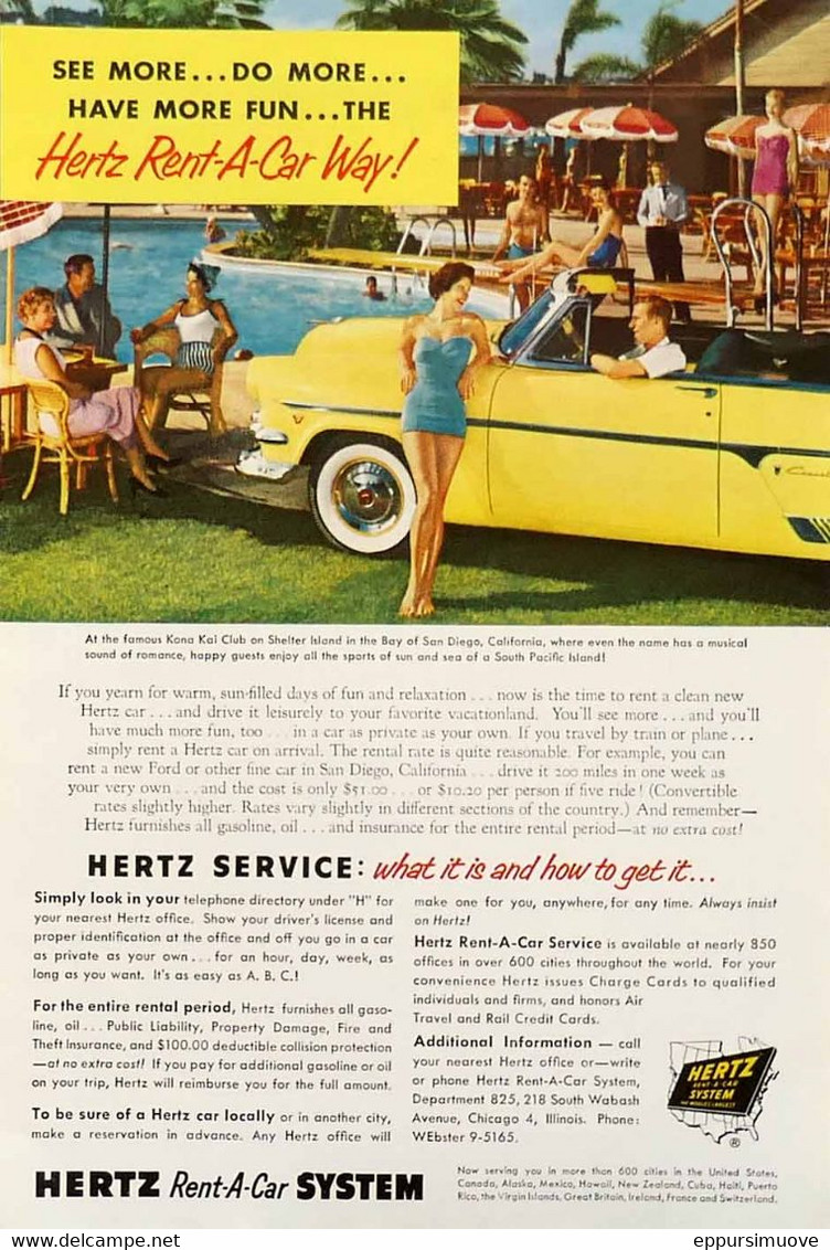 Publicité Papier VOITURE HERTZ RENT A CAR  Feb 1955 NG P1051121 - Pubblicitari