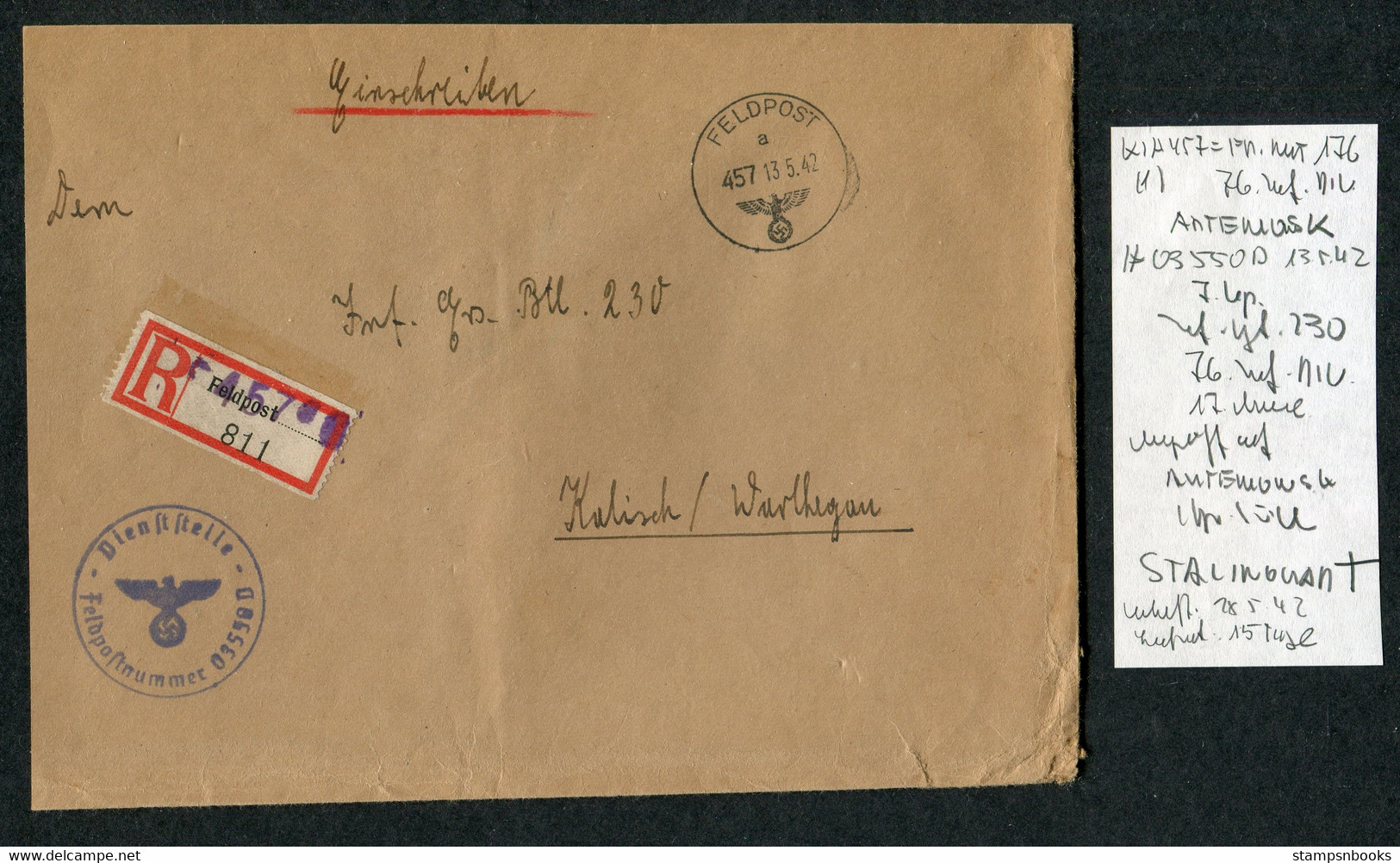 1942 (May 13) Registered Einschreiben Feldpost 03550 D Cover (slightly Reduced) Feldpostamt 176 Stalingrad - Covers & Documents