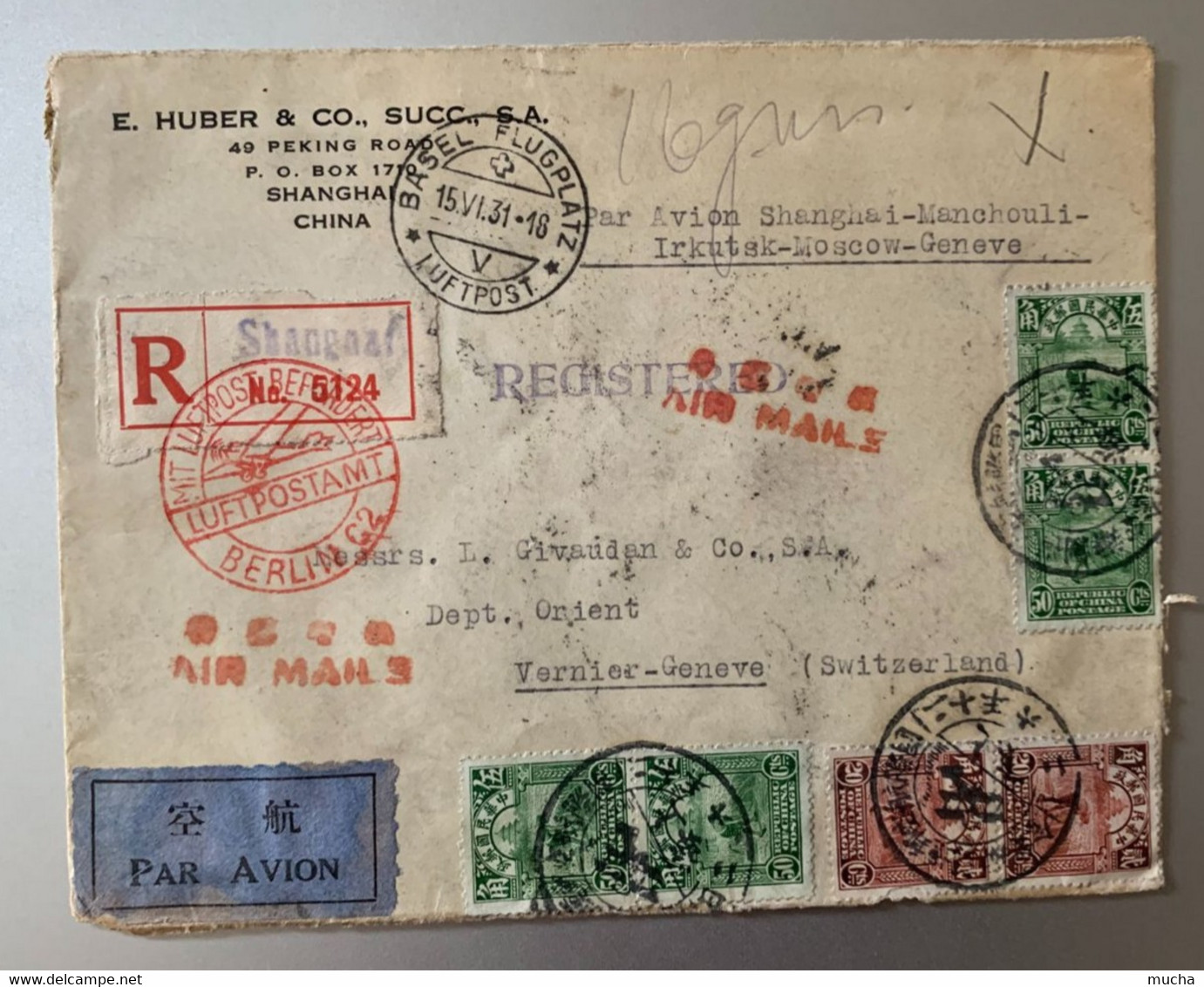 14204 - Lettre Recommandée Vol Shangai - Genève 1931 Via Berlin  !!! Enveloppe Ouverte Sur 3 Côtés - 1912-1949 República