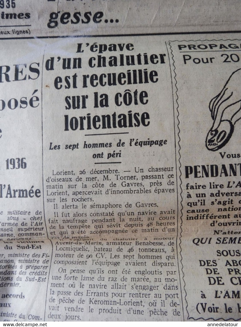 1935 L'AMI DU PEUPLE : Epave Chalutier à Lorient ;Trocadéro ; Reinosa (Espagne); CHINE (Changhaï, Nankin, Hankéou) , Etc - Informations Générales