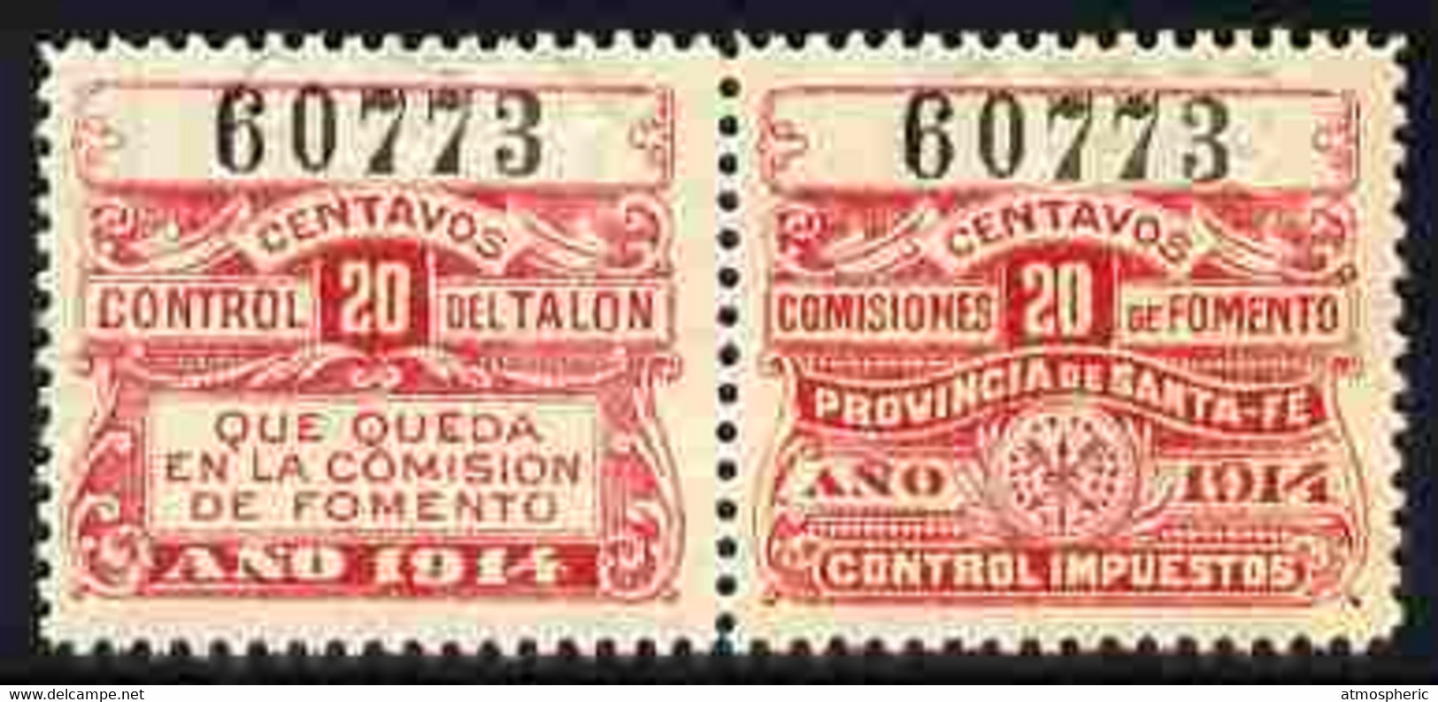 Argentine Republic - Santa Fe Province 1914 Revenue 20c Red Se-tenant Pair Unmounted Mint - Ongebruikt