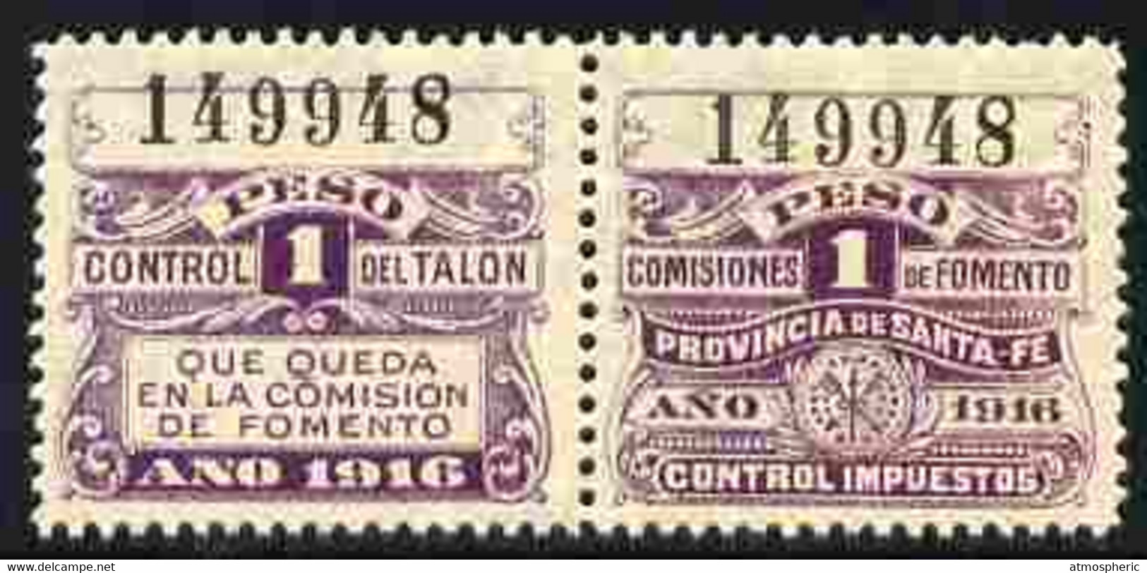 Argentine Republic - Santa Fe Province 1916 Revenue 1 Peso Purple Se-tenant Pair Unmounted Mint - Ungebraucht