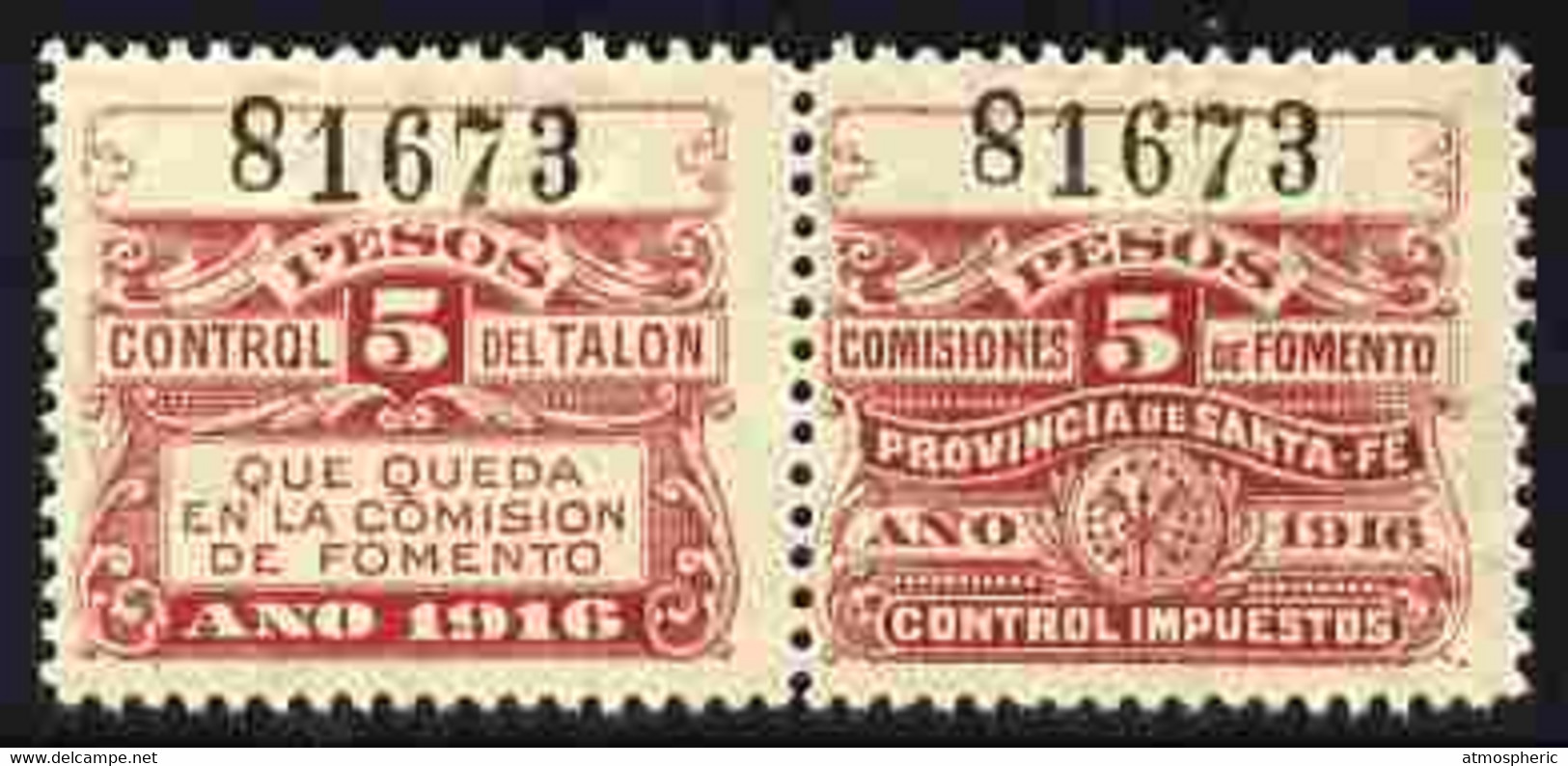 Argentine Republic - Santa Fe Province 1916 Revenue 5 Peso Maroon Se-tenant Pair Unmounted Mint - Ungebraucht