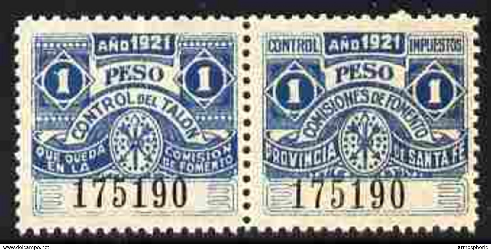 Argentine Republic - Santa Fe Province 1921 Revenue 1 Peso Blue Se-tenant Pair Unmounted Mint - Unused Stamps