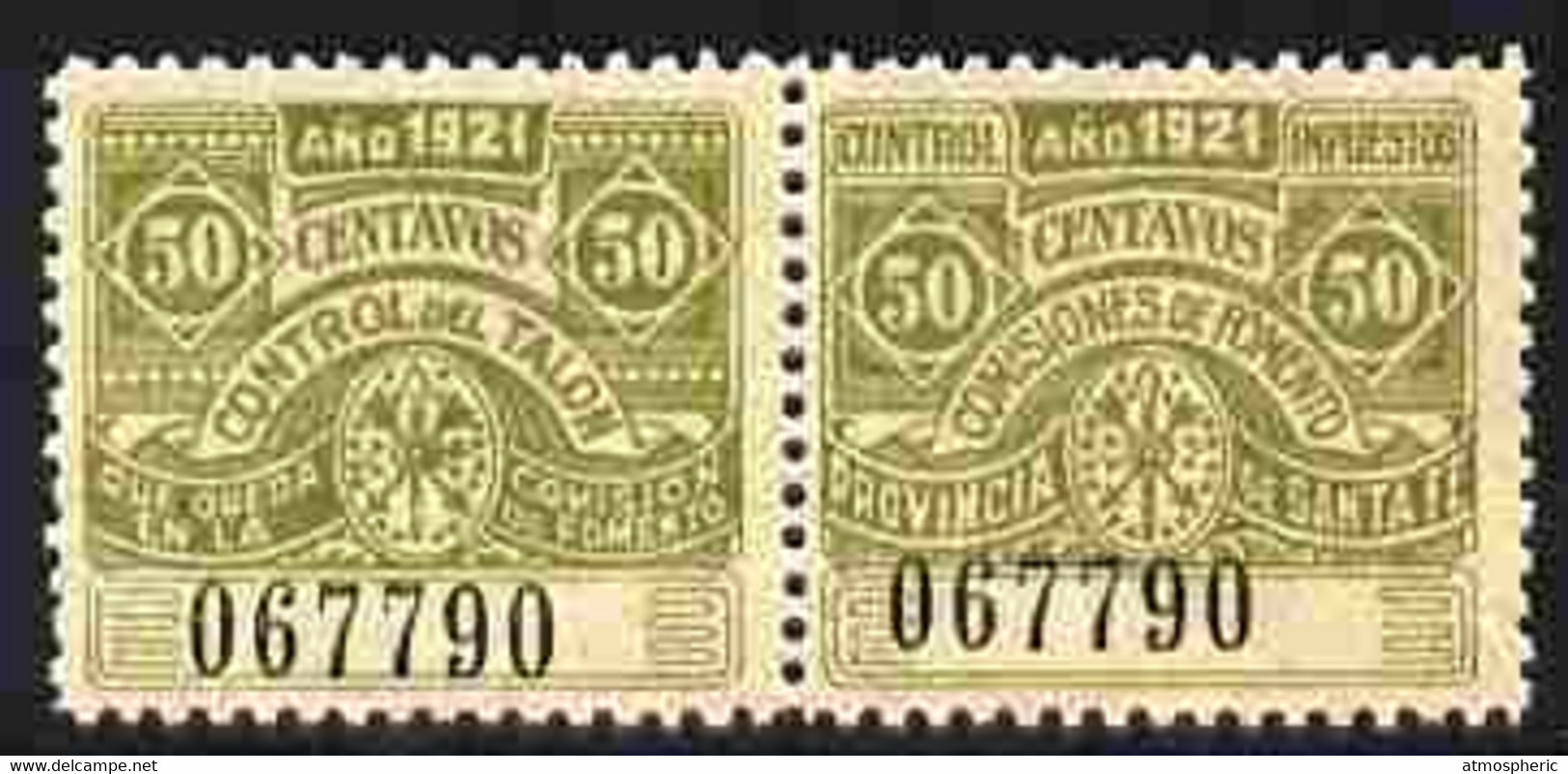 Argentine Republic - Santa Fe Province 1921 Revenue 50c Olive Se-tenant Pair Unmounted Mint - Ungebraucht