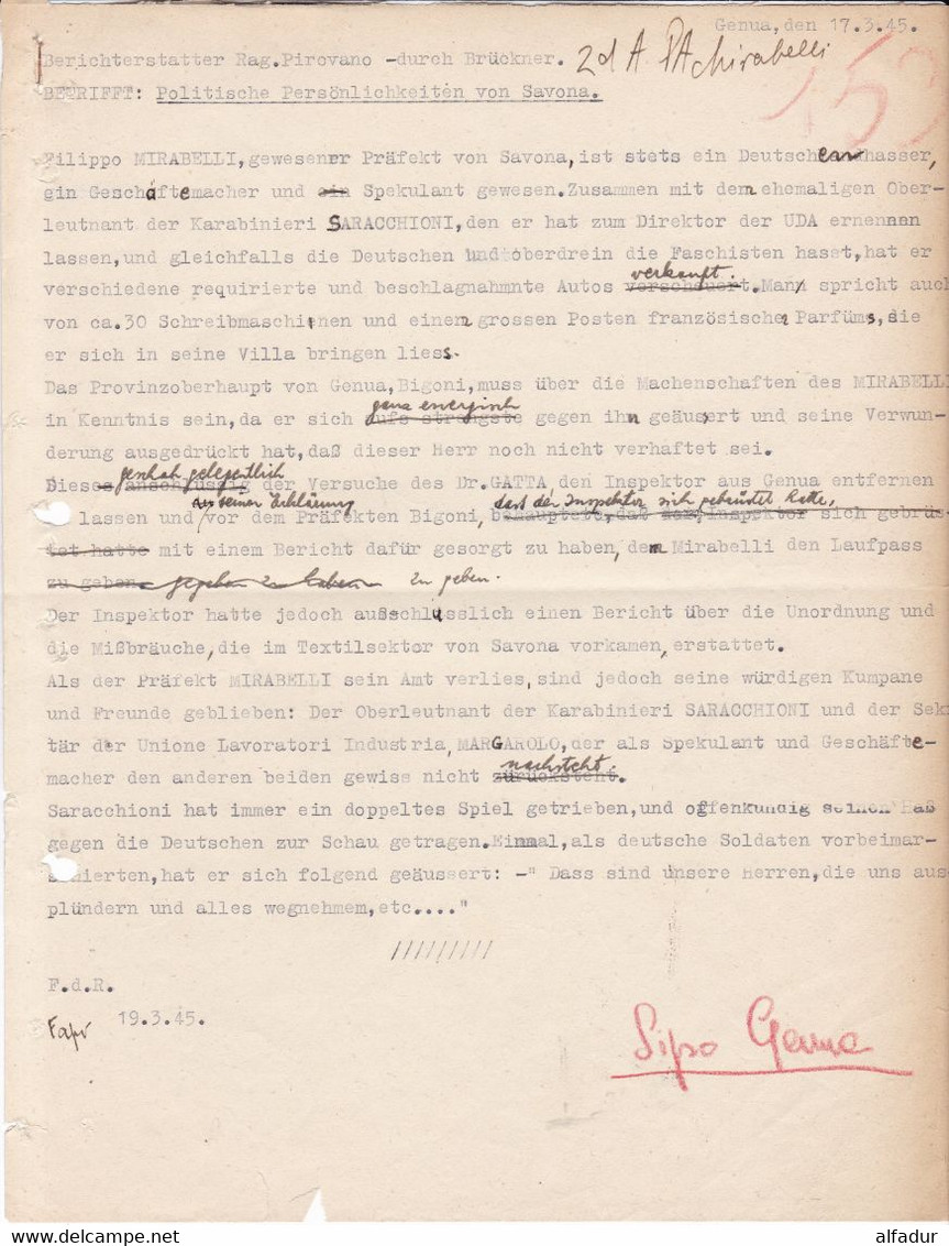 WW2 RSI FASCISMO SAVONA RAPPORTO PERSONALITA' POLITICHE 1945 SIPO - Dokumente