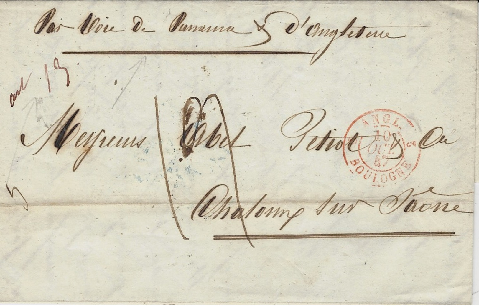1847- Lettre De Valparaiso " Par Voie De Panama Et D'Angleterre  - Entrée Cad Rouge " ANGL. 2 BOULOGNE 2 " - Marques D'entrées