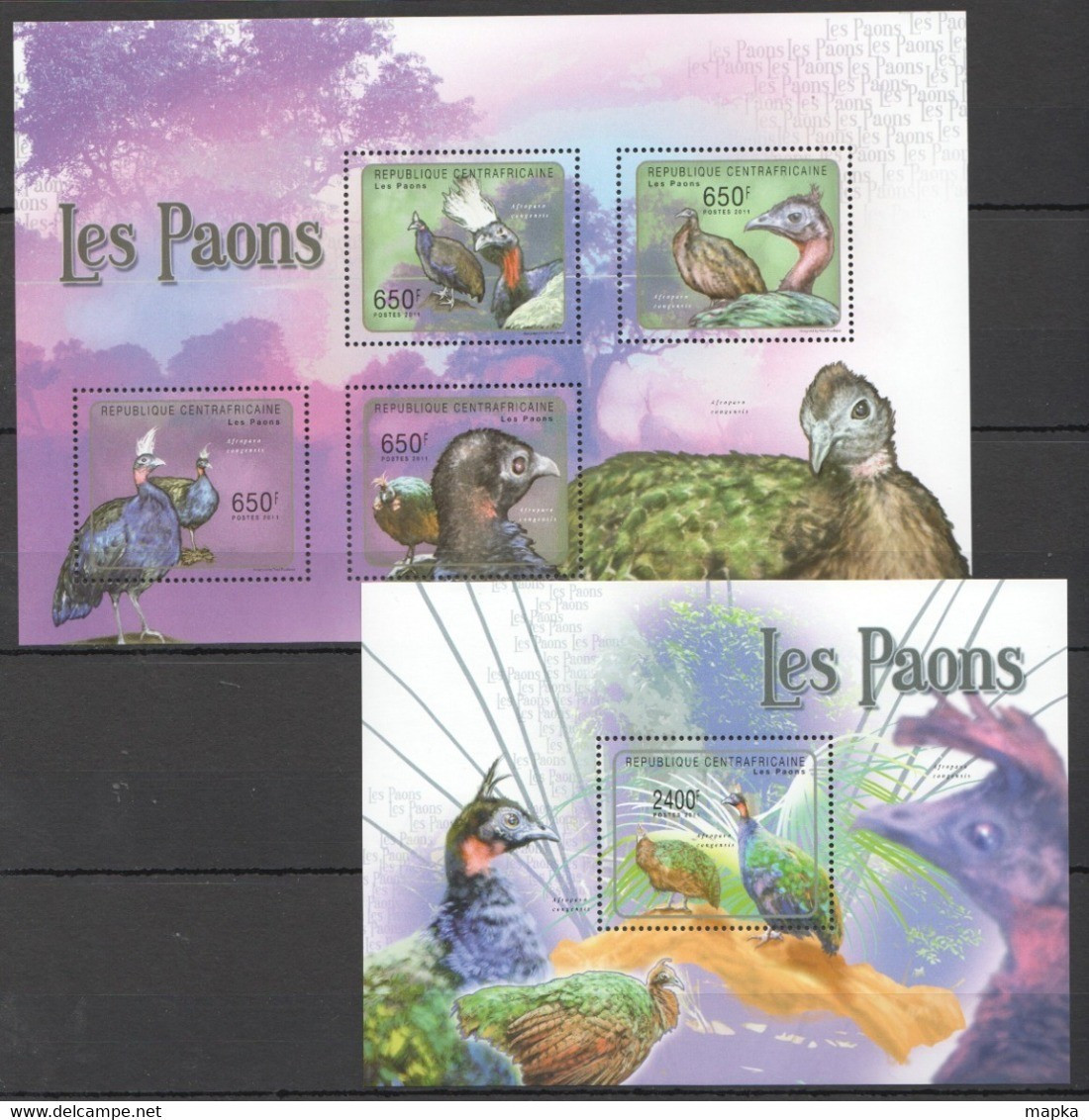 CA1036 2011 CENTRAL AFRICA CENTRAFRICAINE FAUNA LES PAONS PEACOCKS 1KB+1BL MNH - Peacocks