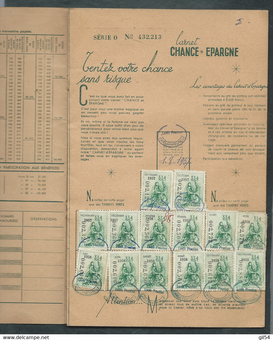 Rare Carnet "Chance épargne " Année 1957 Contenant 59 Vignettes De Capitalisation ( 5 SCANS )   Ln334 - Blokken & Postzegelboekjes