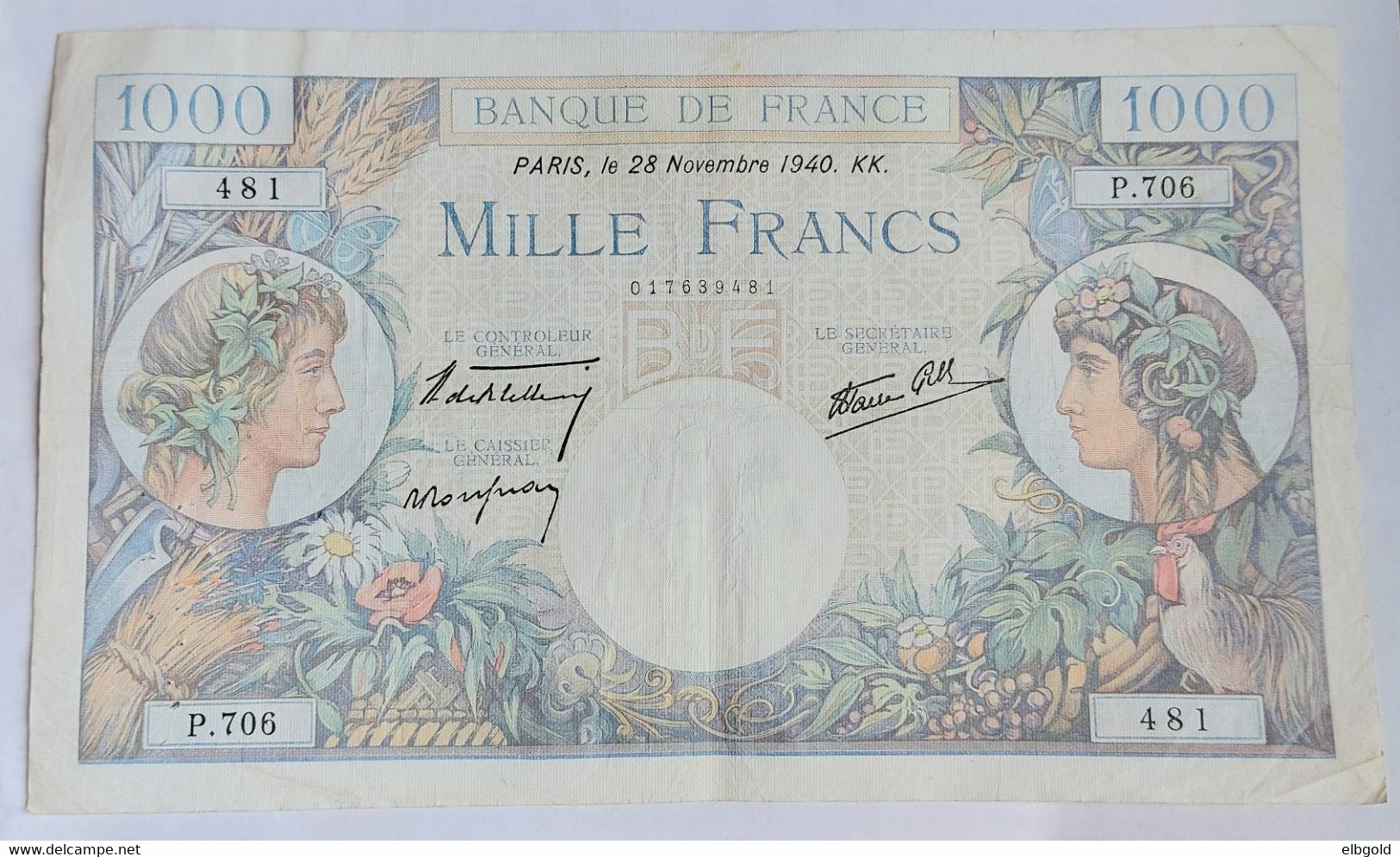FRANCE 1000 FRANCS COMMERCE ET INDUSTRIE 28 Novembre 1940 KK. - 1 000 F 1940-1944 ''Commerce Et Industrie''