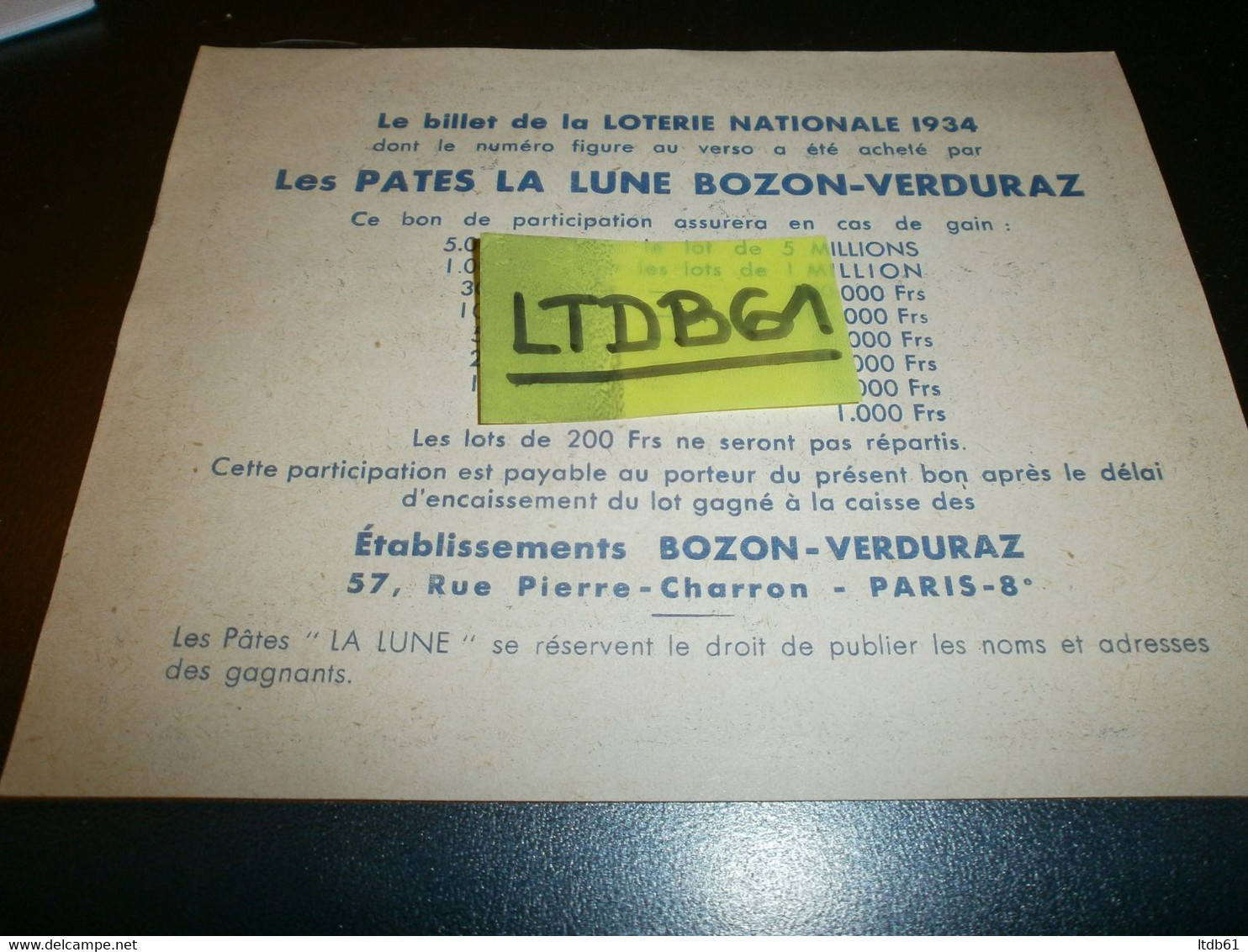 Billets De Loterie Loterie Nationale 1934 Bon De Participation Offert Par Les Pates La Lune Bozon-verduraz - Lottery Tickets