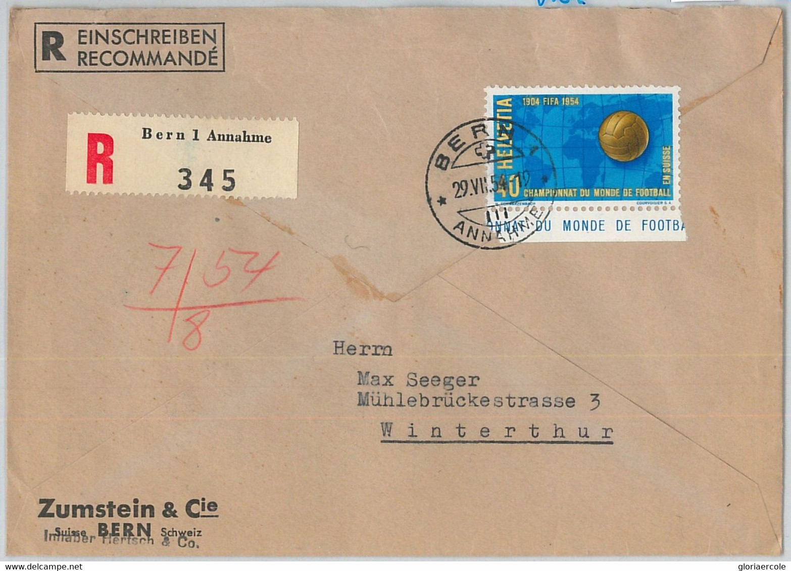 65620 - SWITZERLAND - Postal History -  COVER 1954: World FOOTBALL Championship - 1954 – Suiza