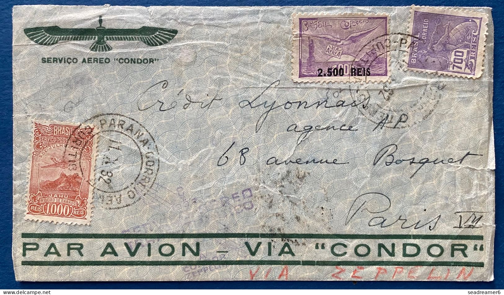 BRESIL BRAZIL Lettre Servicio Aereo CONDOR Zeppelin Pour Paris Par Friedrichschafen Depart : 11/10 Arrivée : 20/10/1932 - Airmail (Private Companies)