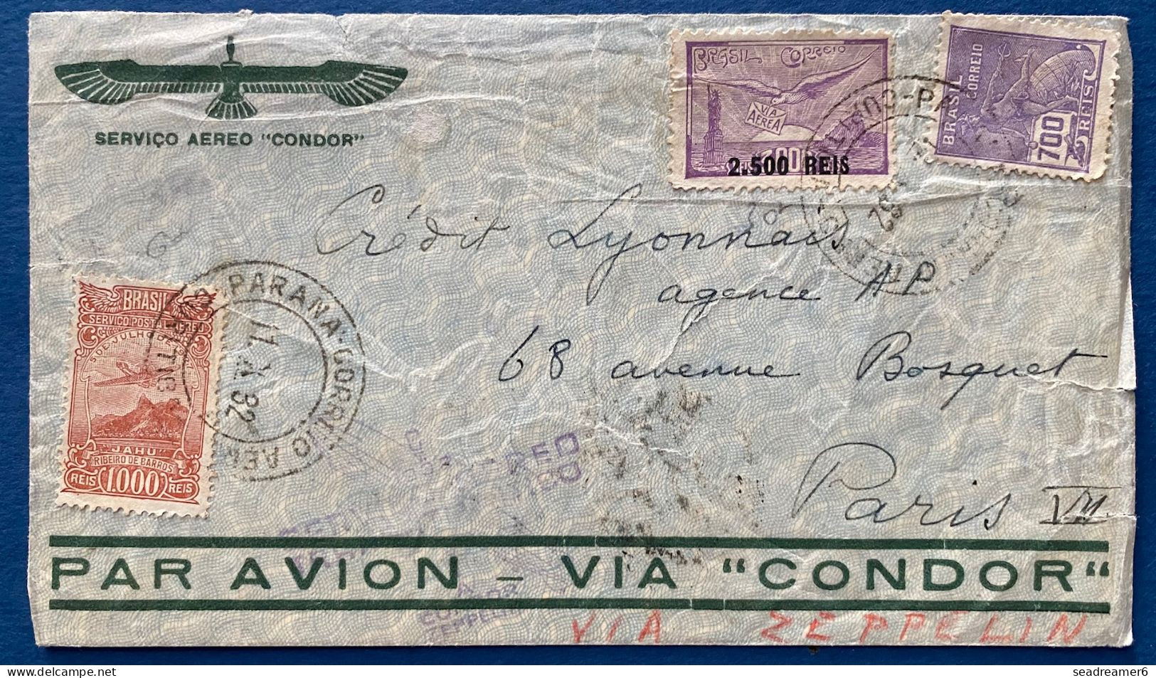 BRESIL BRAZIL Lettre Servicio Aereo CONDOR Zeppelin Pour Paris Par Friedrichschafen Depart : 11/10 Arrivée : 20/10/1932 - Posta Aerea (società Private)