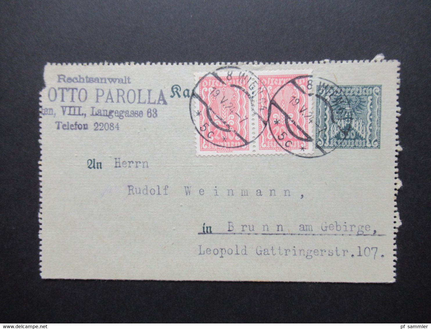 Österreich Inflation 1924 Kartenbrief K 61 Mit 2 Zusatzfrankaturen Rechtsanwalt Otto Parolla Wien - Brunn Am Gebirge - Covers & Documents