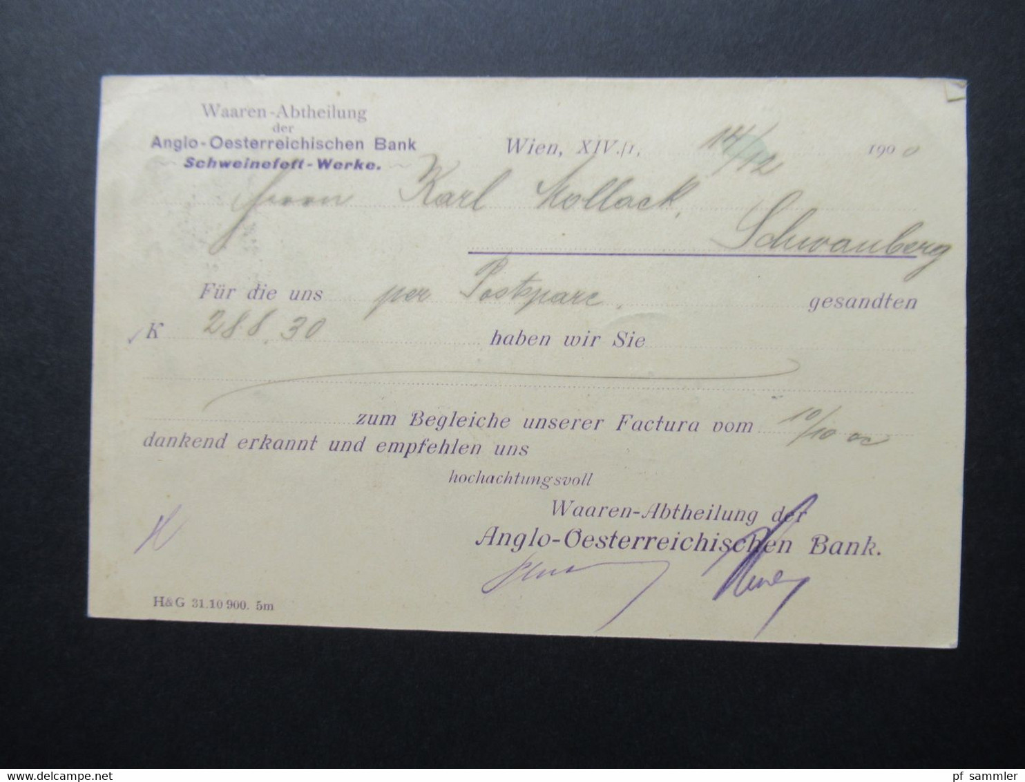 Österreich 1900 Franz Joseph Nr.72 EF Correspondenz Karte Waaren Abtheilung Anglo-Oest. Bank Schweinefett Werke Wien - Brieven En Documenten