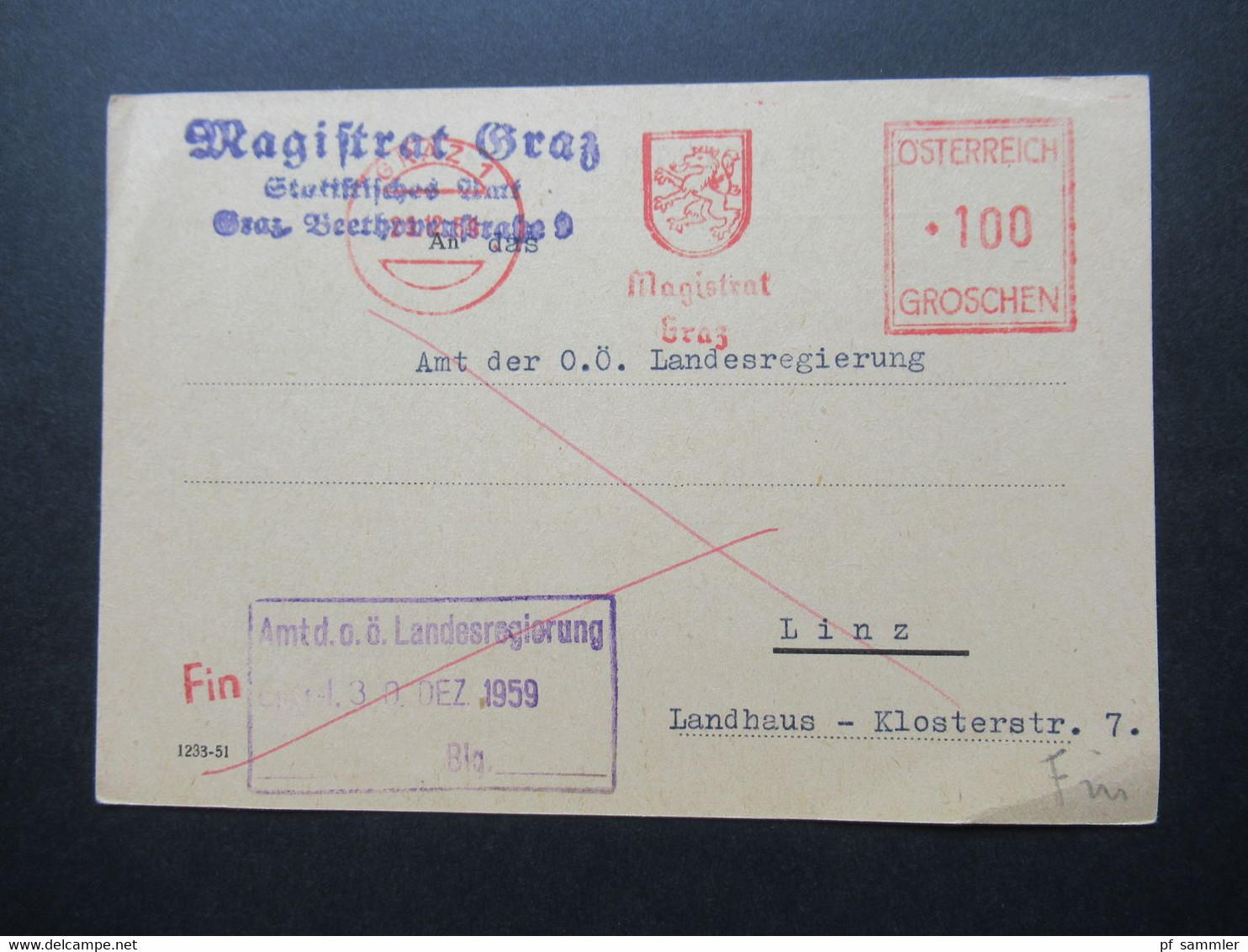 Österreich 1959 PK Mit Freistempel 100 Groschen Magistrat Graz An Das Amt Der O.Ö. Landesregierung In Linz Stempel Fin - Brieven En Documenten
