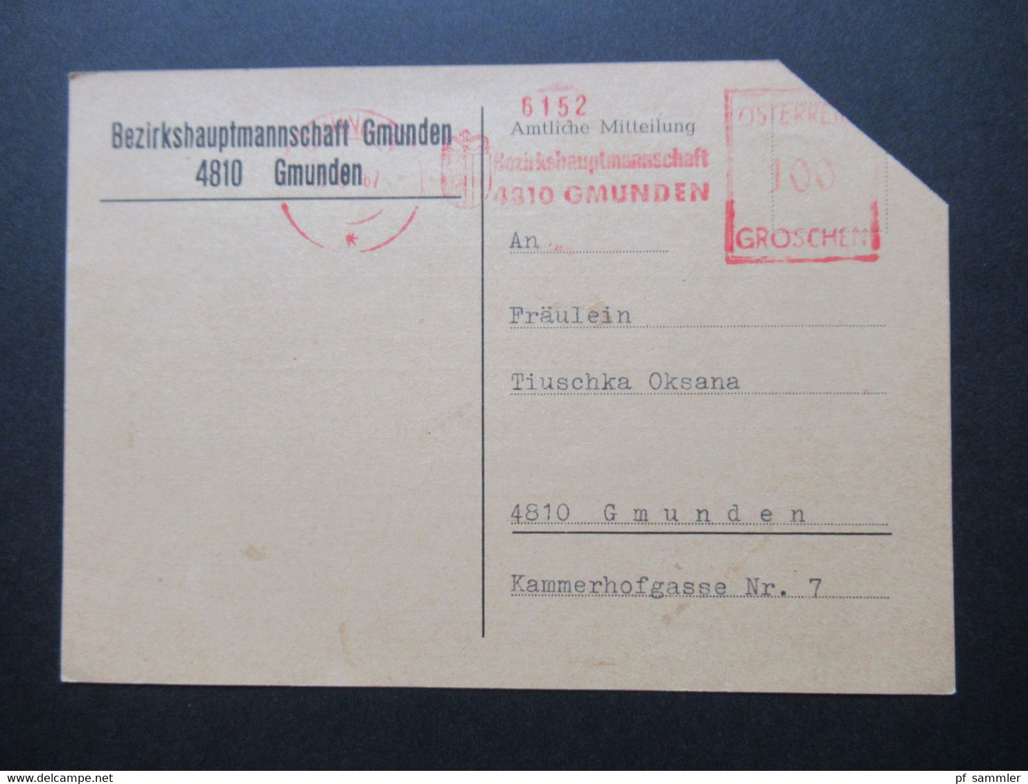 Österreich 1967 PK Mit Freistempel 100 Groschen Bezirkshauptmannschaft Gmunden Betreff Fremdenpolizeiliche Überprüfung - Briefe U. Dokumente
