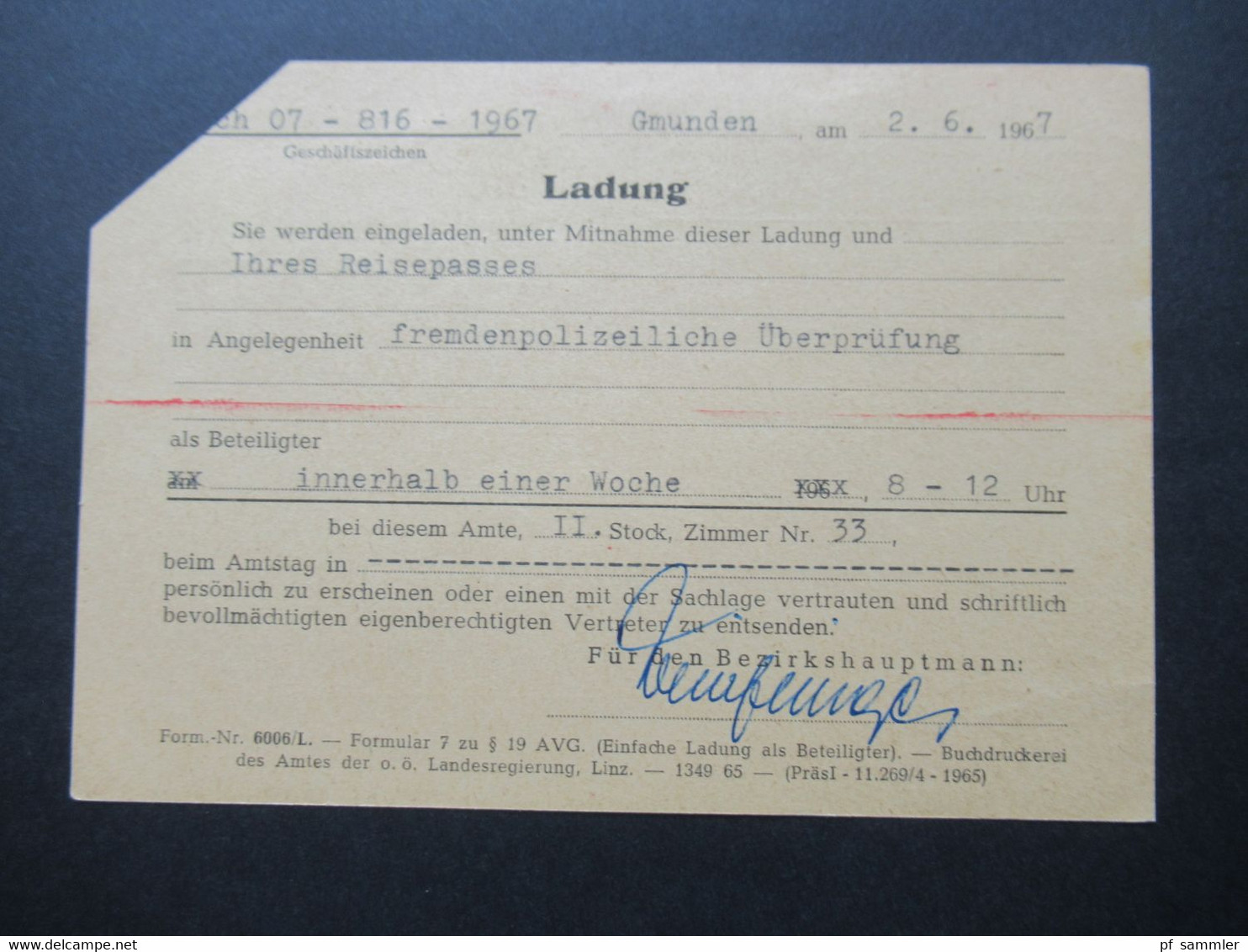 Österreich 1967 PK Mit Freistempel 100 Groschen Bezirkshauptmannschaft Gmunden Betreff Fremdenpolizeiliche Überprüfung - Lettres & Documents