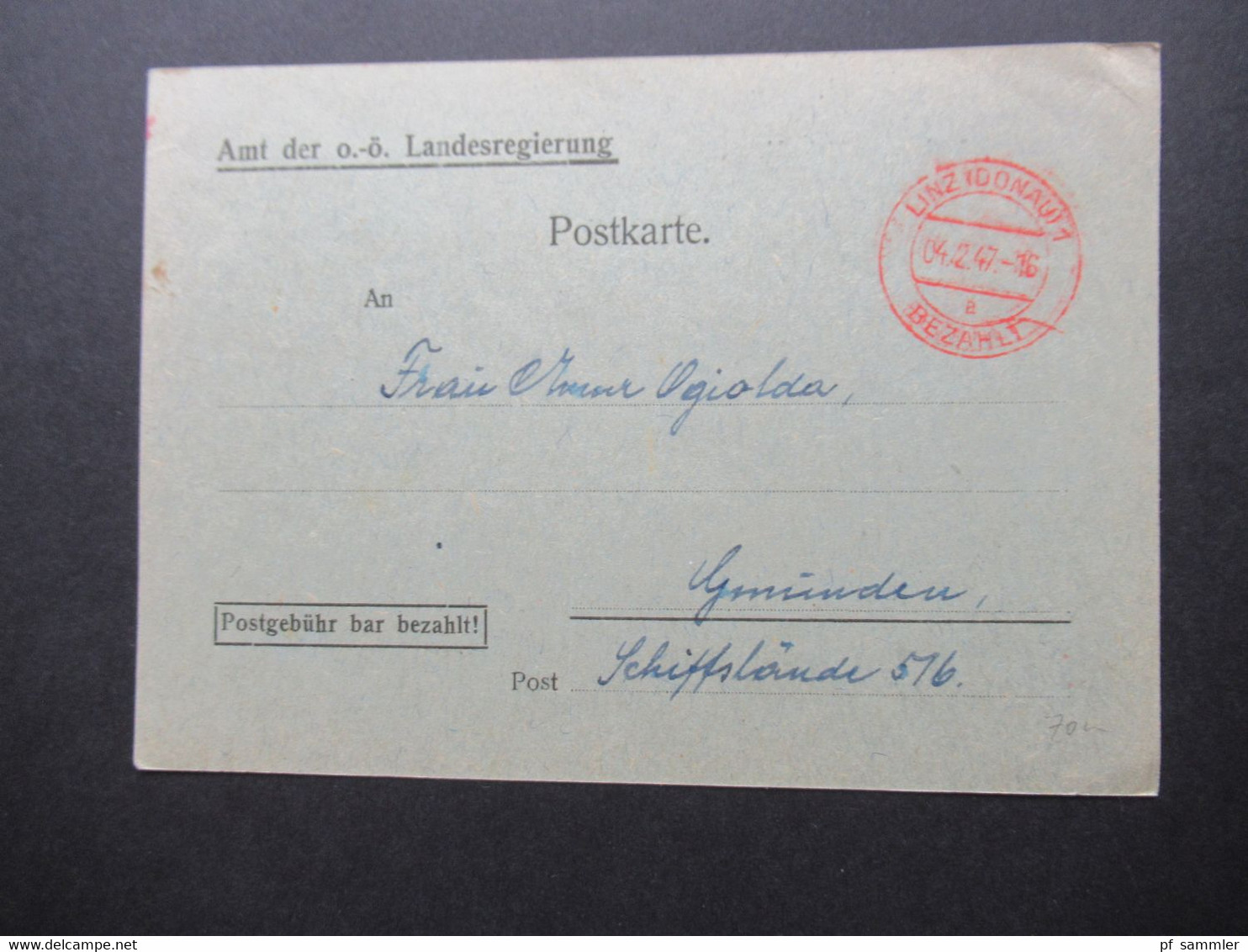 Österreich 1947 Postgebühr Bar Bezahlt Roter Stempel Linz (Donau) Bezahlt Amt Der O.Ö. Landesregierung Stempelgebühr - Lettres & Documents